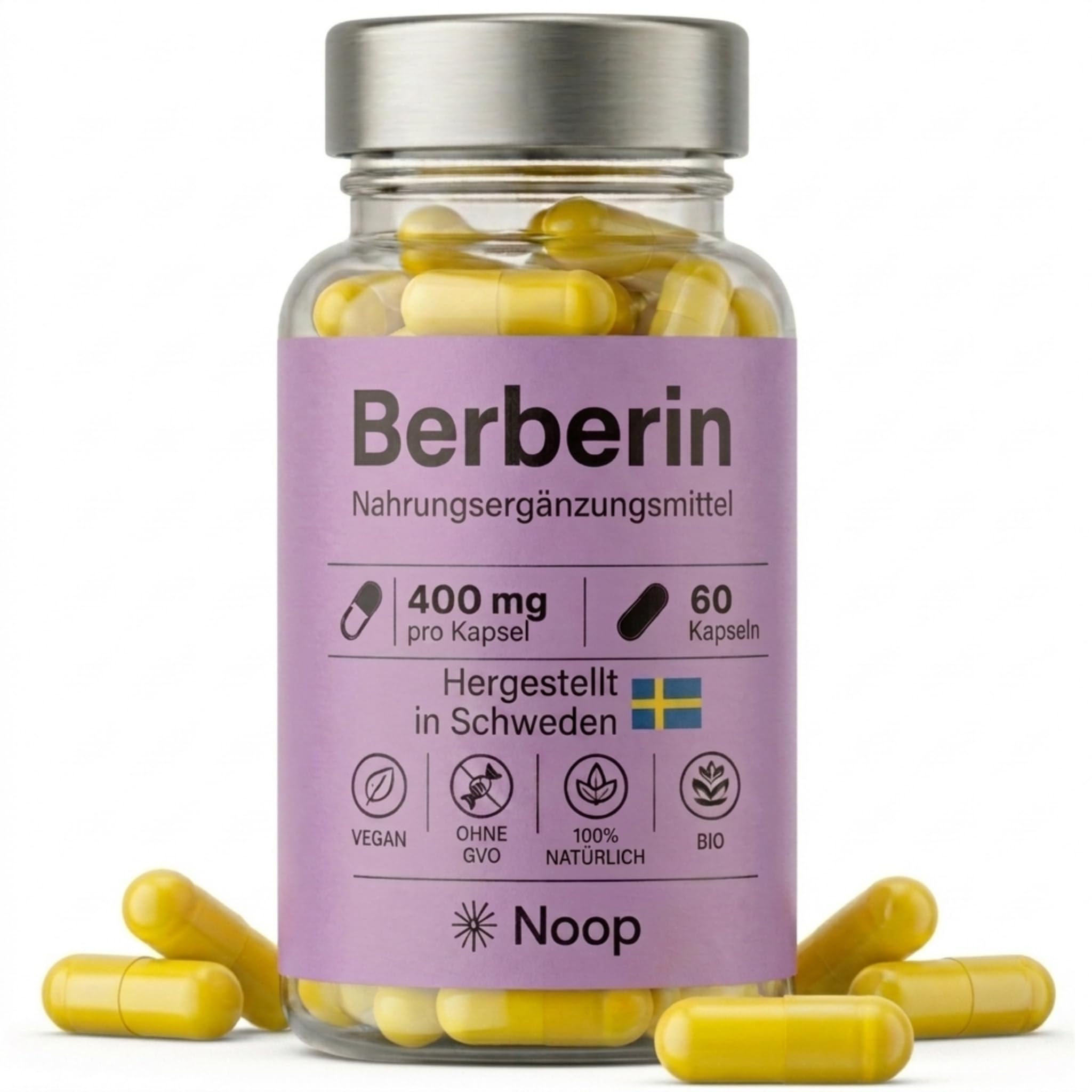 NOOP Berberin HCl Kapseln hochdosiert – 35:1 Extrakt aus Berberis Aristata Wurzel, natürliche Unterstützung für Herz und Kreislauf – vegan & laborgetestet, Made in Schweden, 400 mg und 60 Kapseln