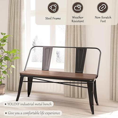 Miniatura 7 de YOLENY Banco de comedor, banco de entrada con respaldo, banco de comedor de metal de granja, banco industrial de mediados de siglo para 3 personas,