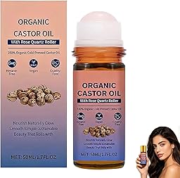 DESIYUE Organic Castor Oil Roll On with Rose Quartz Roller, 100% Castor Oil Organic Cold Pressed, Castor Oil Rose Quartz Roller Ball for Face and Body, Hair, Eyebrows, Moisturize Skin (1PC)