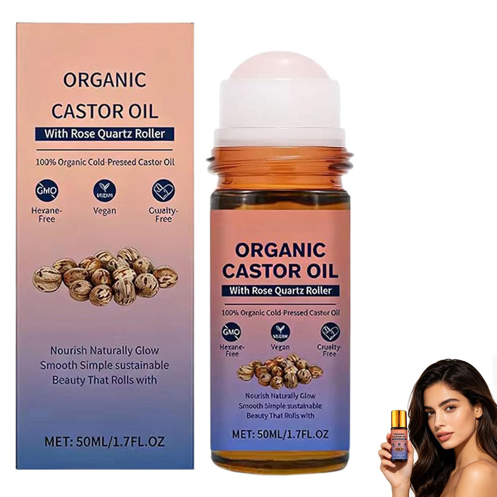 DESIYUE Organic Castor Oil Roll On with Rose Quartz Roller, 100% Castor Oil Organic Cold Pressed, Castor Oil Rose Quartz Roller Ball for Face and Body, Hair, Eyebrows, Moisturize Skin (1PC) - 1