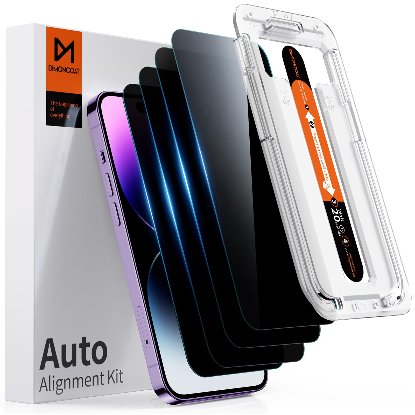 DIMONCOAT 4-PACK for iPhone 14 Pro Max Privacy Screen Protector [Auto Alignment Kit] [10X Military Protection] Tempered Glass Film Compatible with 14 Pro Max 6.7 inch [Case Friendly]