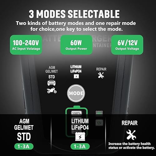 Miniatura 2 de Cargador de batería de plomo Lifepo4 de litio de 6 V y 12 V, mantenedor de cargador de batería completamente automático inteligente de 3 amperios,