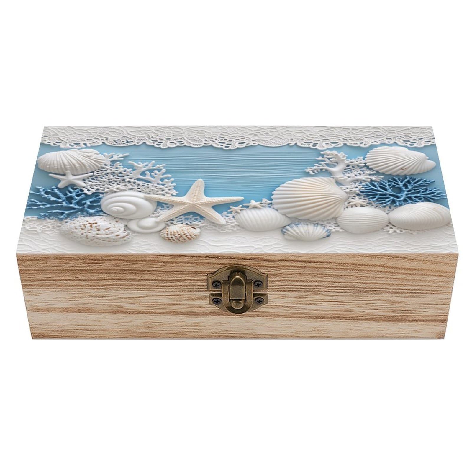 HLBSDM Starfish And Seashell Vintage Wooden Keepsake Box with Hinged Lid And Locking Clasp, Decorative Storage Box for Jewelry, Trinkets And Small Accessories, Organizer for Home Or Wedding
