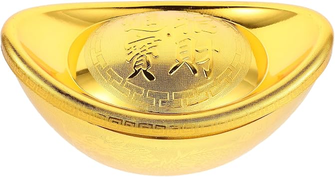 Golden Chinese Yuan Bao Figurine Feng Shui Wealth Collectible Vintage Metal Money Model for Year Desktop Bookshelf Decor Luck Ornament