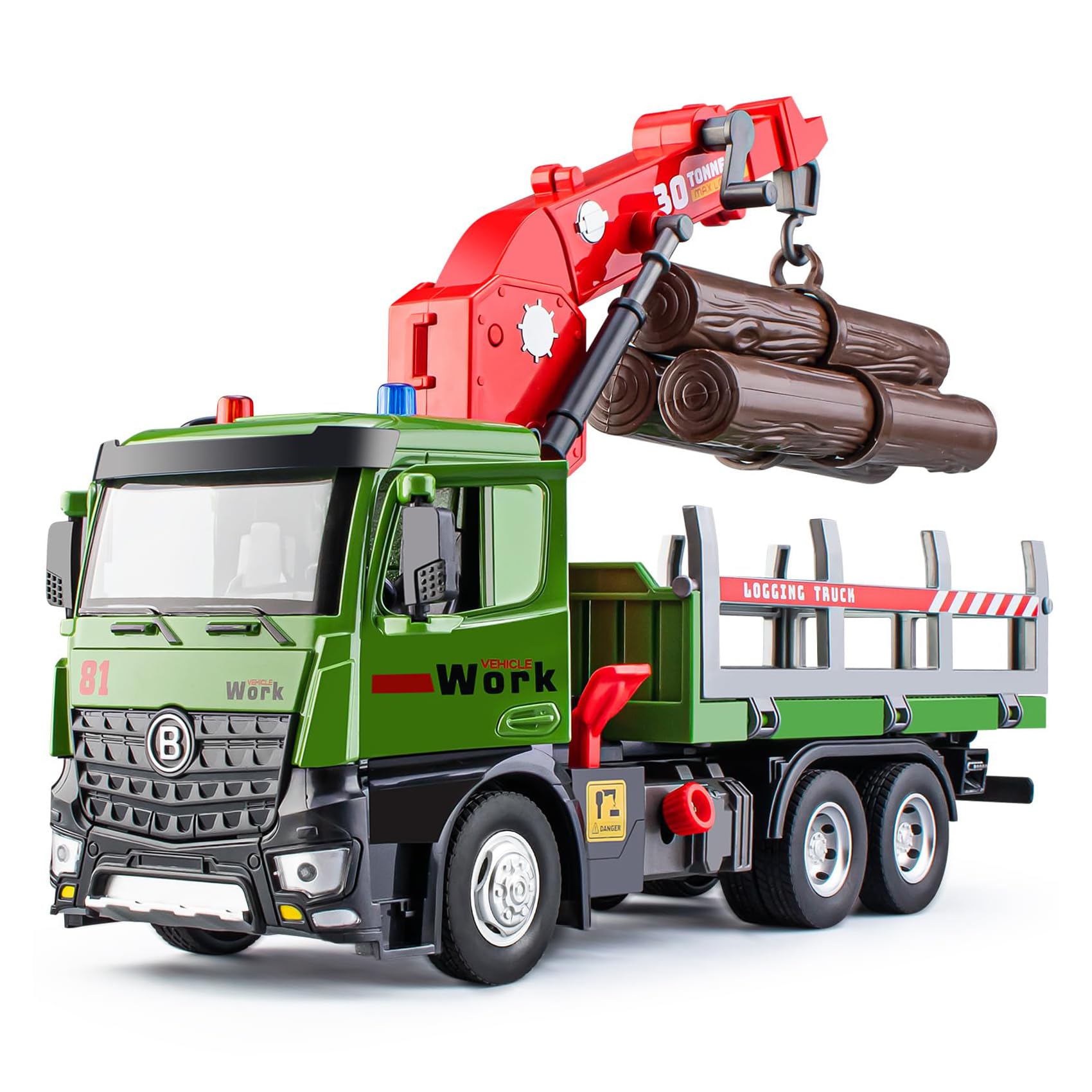 KASTWAVE Truck Toy Metal Cab, Friction Powered Timber Truck, Truck Toy Metal Cab with Lights and Sounds, Big Construction Truck with Lights and Sounds for Kids, 11.2"