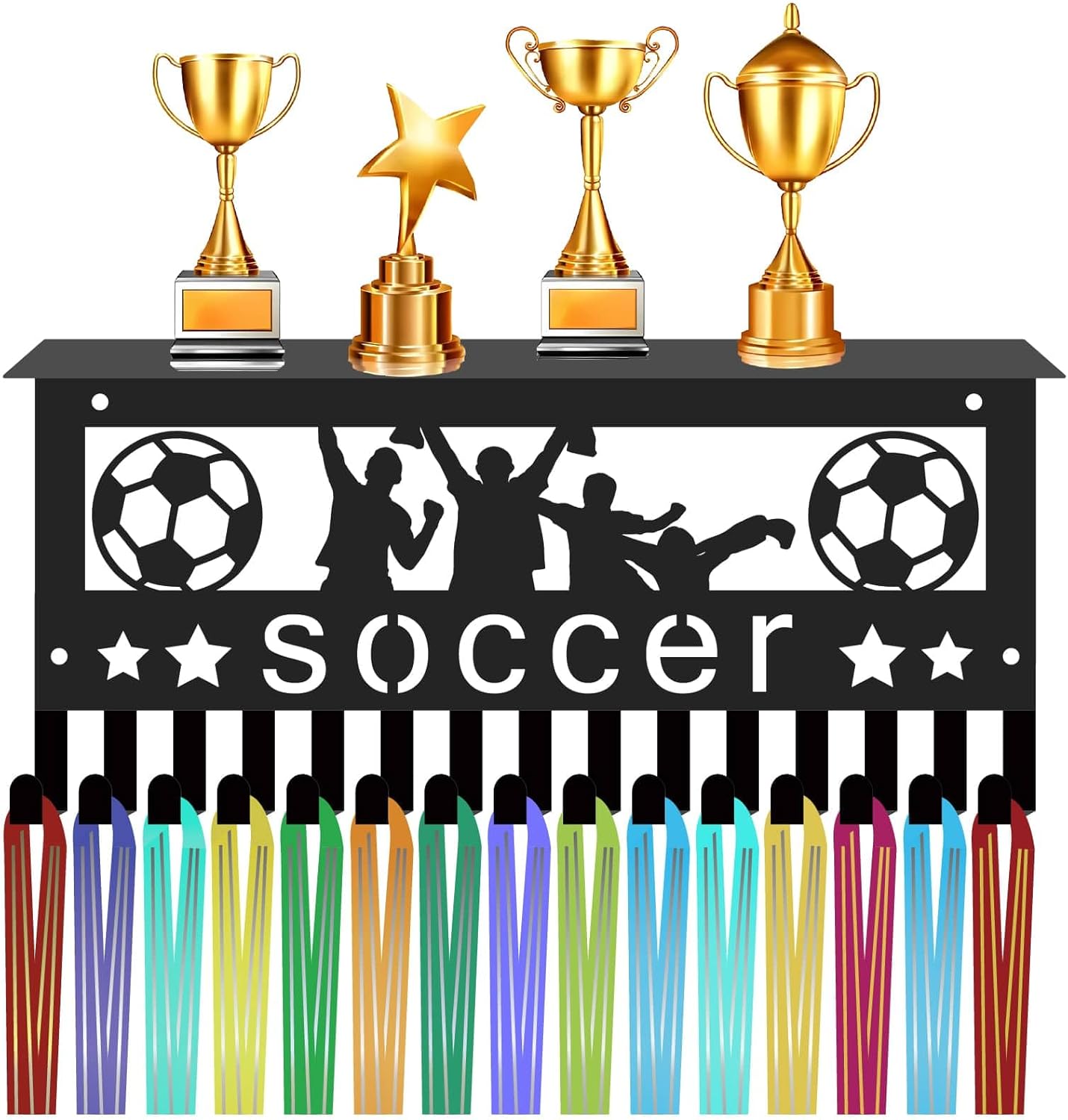CREATCABIN Soccer Medal Hanger Display with Shelf Trophy Medal Holder Football Rack Frame Iron Wall Mount Sports Medal Hooks Organizer for Hanging Over 70 Medals Player Badges 11.8 x 5.1Inch Black