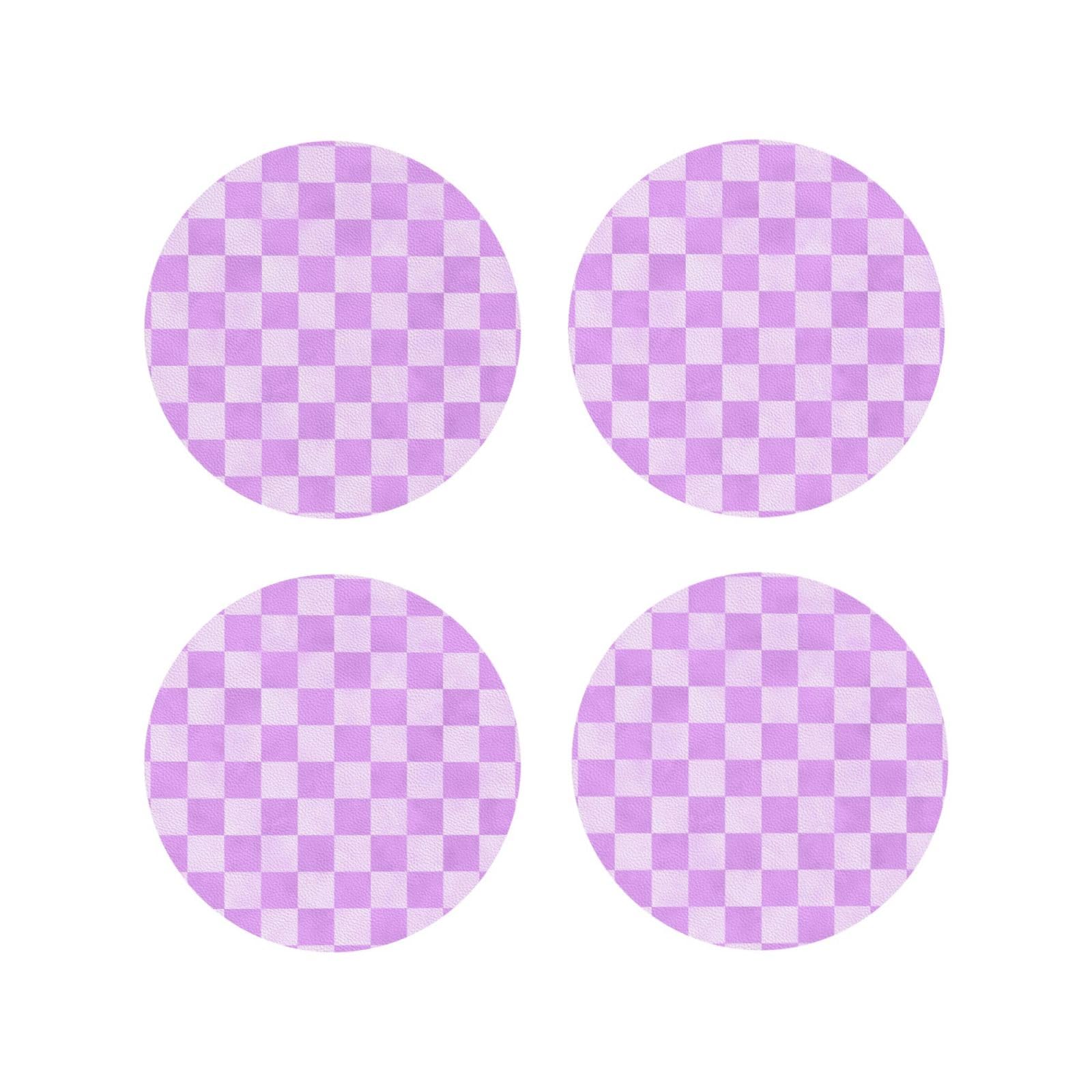 Leather Coasters Set of 4 - Lavender Checker Print Lightweight Drink Coasters for Desk