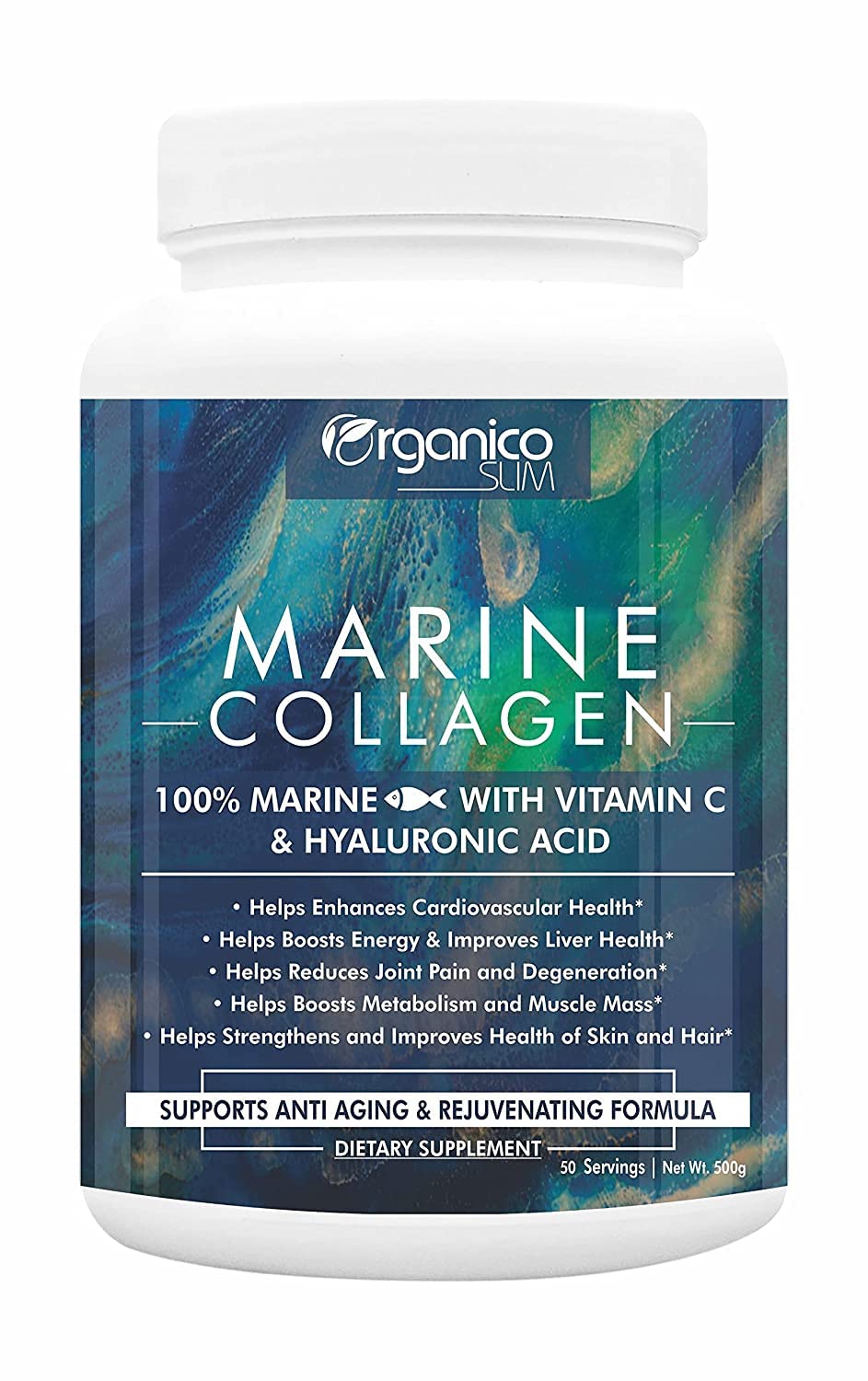 pexal Organicoslim Marine Collagen Powder with Vitamin C & Hyaluronic Acid | for Hair and Skin Health | Metabolism Booster and for Muscle Health | 500 gm