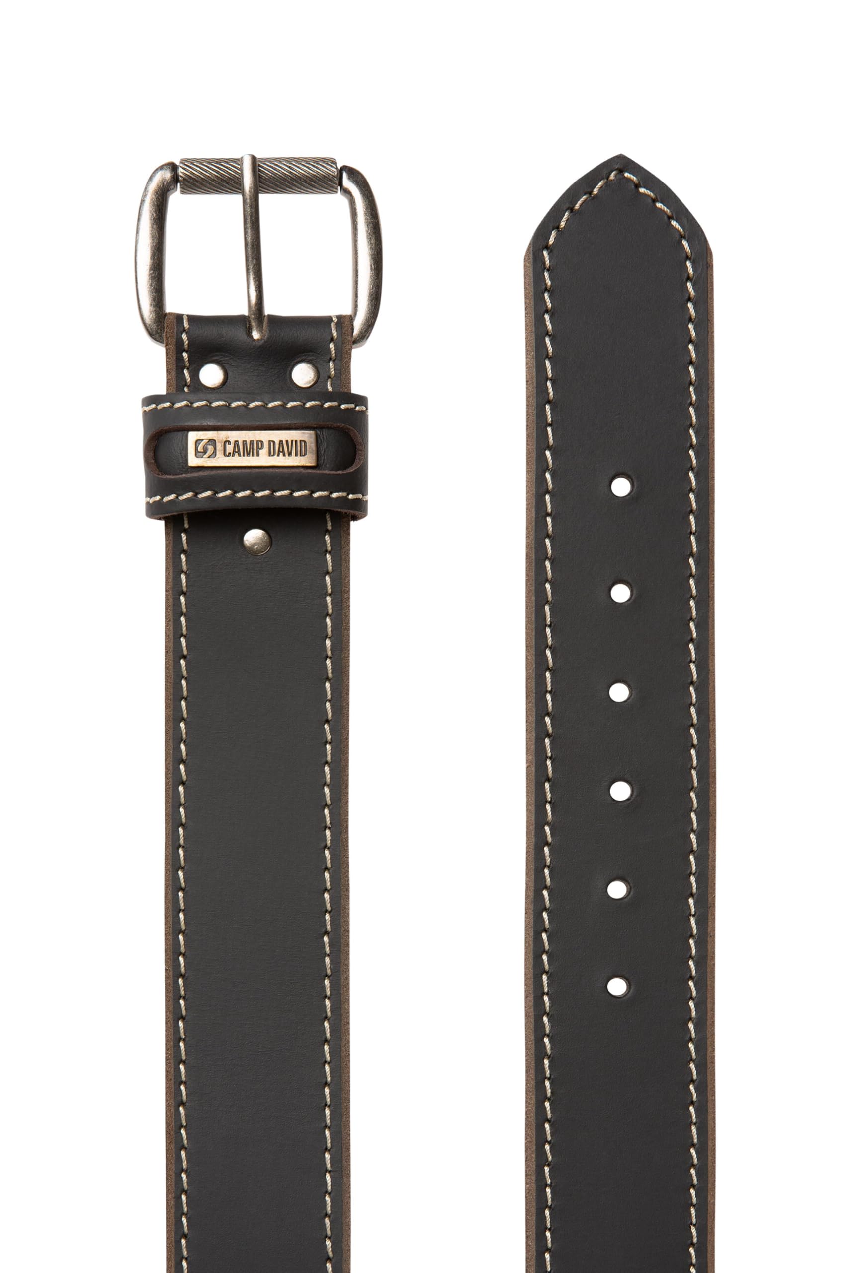 Camp David Herren Ledergürtel aus Büffelleder mit Kontrastnaht, Logo-Plakette, 4,5 cm Breiter Jeansgürtel