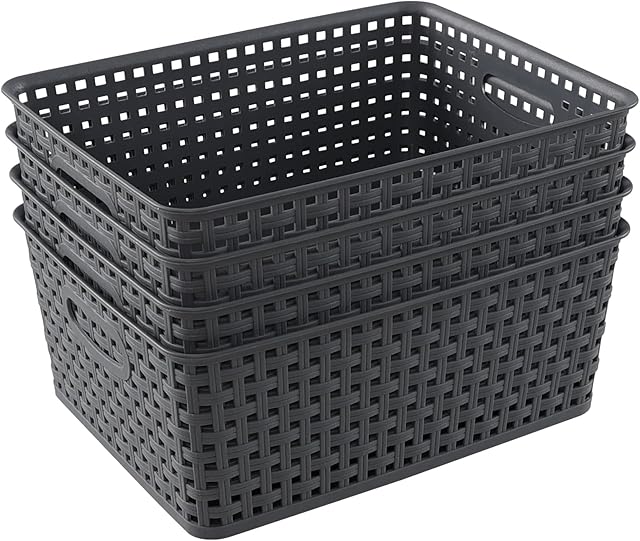 Dynko Woven Organizer Basket Box, Grey Plastic Storage Baskets Set of 4