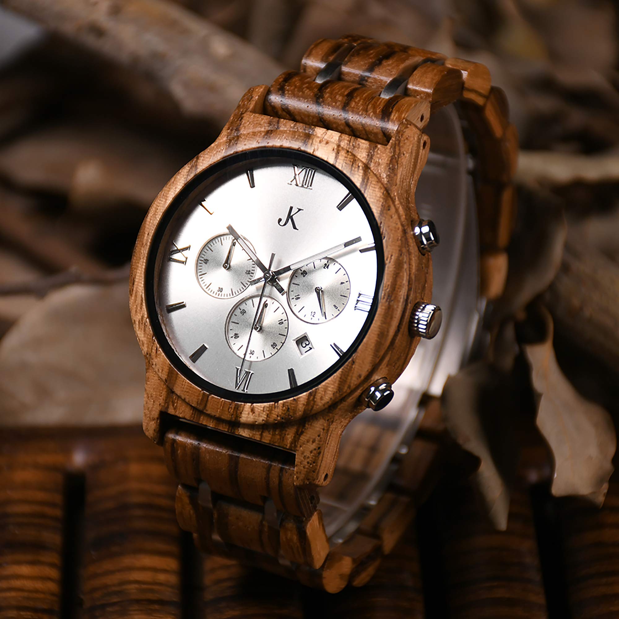 Kim Johanson Herren Holz-Edelstahl Armbanduhr *Air Force* in Hellbraun & Dunkelbraun Chronograph mit Einem Gliederarmband Handgefertigt Quarz Analog Uhr inkl. Geschenkbox