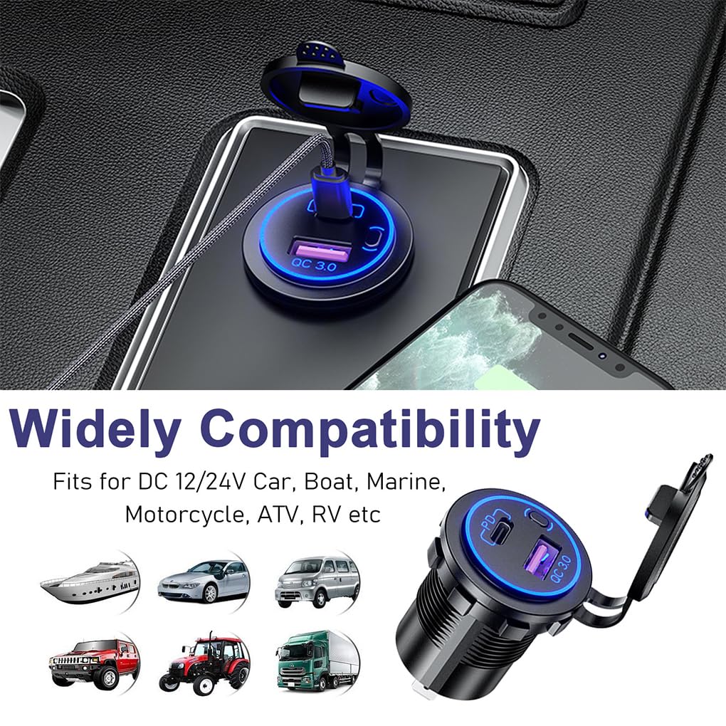 3 zestaw uniwersalnych gniazd zapalniczki motocyklowej adapter ładowania USB motocykl łódź SUV ładowarka ochrona przed przeciążeniem samochodowe niebieskie światło