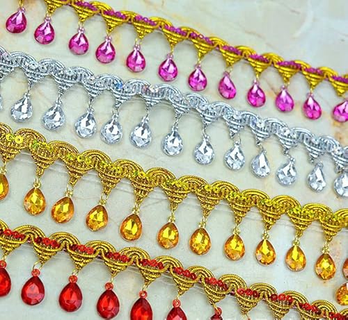 Yalulu 4.5 Yard Hanging Beads Fringe Lace Rhinestone Braided Ribbons Sewing Fringe Tassel Trim Apparel Trims Diy Craft Sewing Accessory (Blue) #TOP2