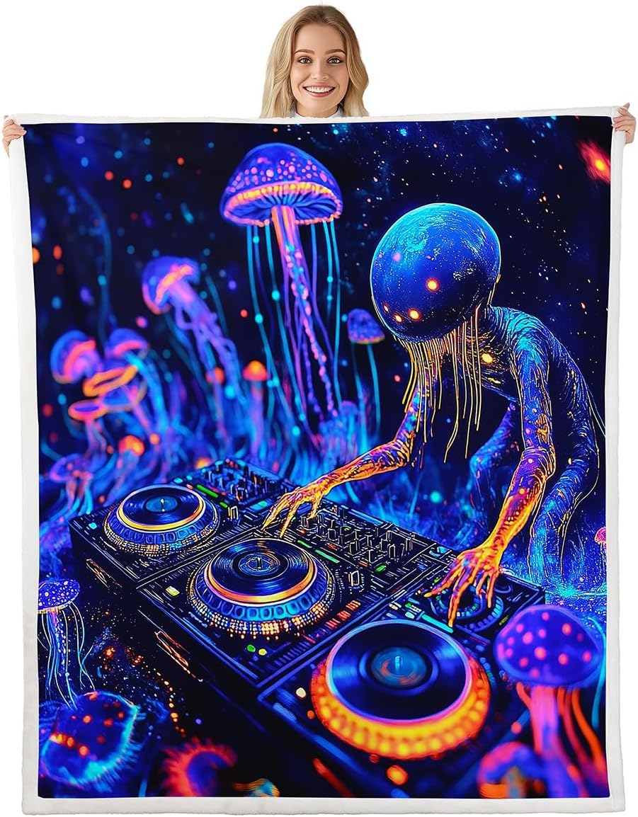 Erosebridal Abstract Alien Queen 90"X90" Throw Blanket for Kids Boys Girls Teen Bed,Outer Space Theme UFO Sherpa Blanket Boho Mushroom Fleece Blanket Galaxy Planet Holiday Fuzzy Blanket
