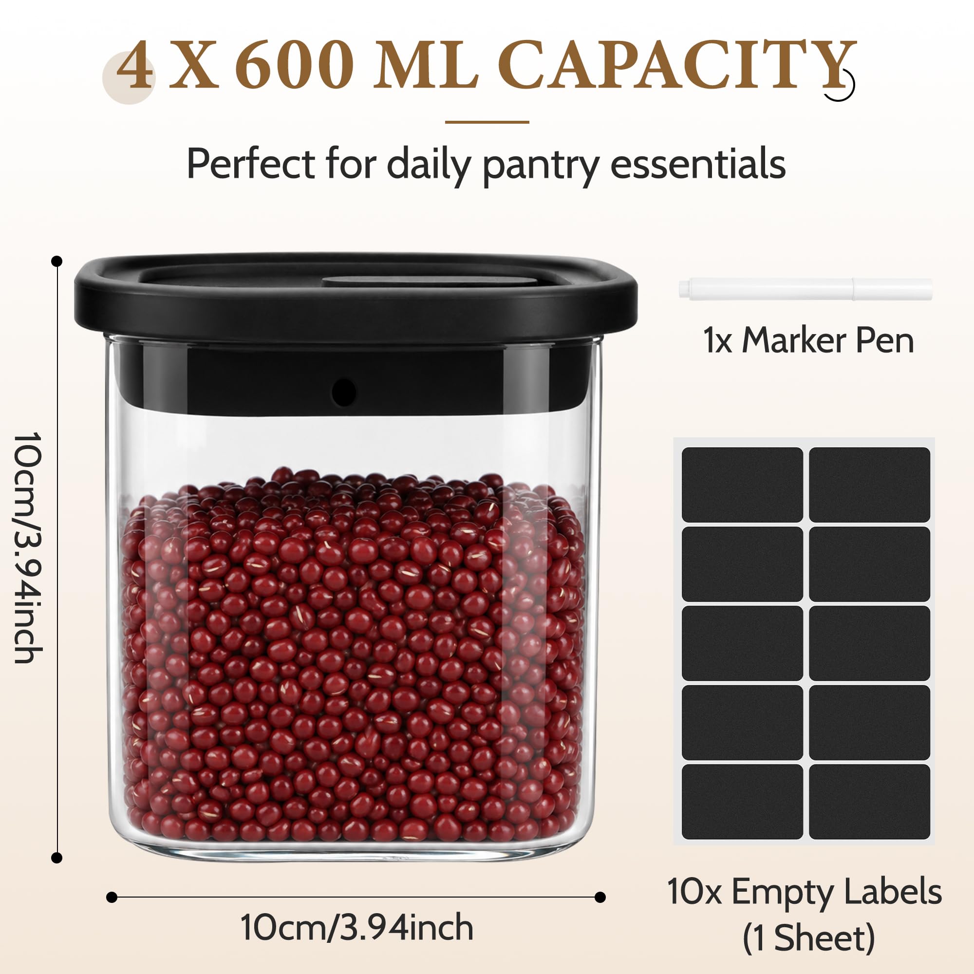 Set di 4 Barattoli di Vetro Ermetici con Coperchio 600ML, Contenitori Vetro con Coperchi Guarnizioni in Silicone, Barattoli con Etichette e Penna per Farina, Caffè, Zucchero, Riso