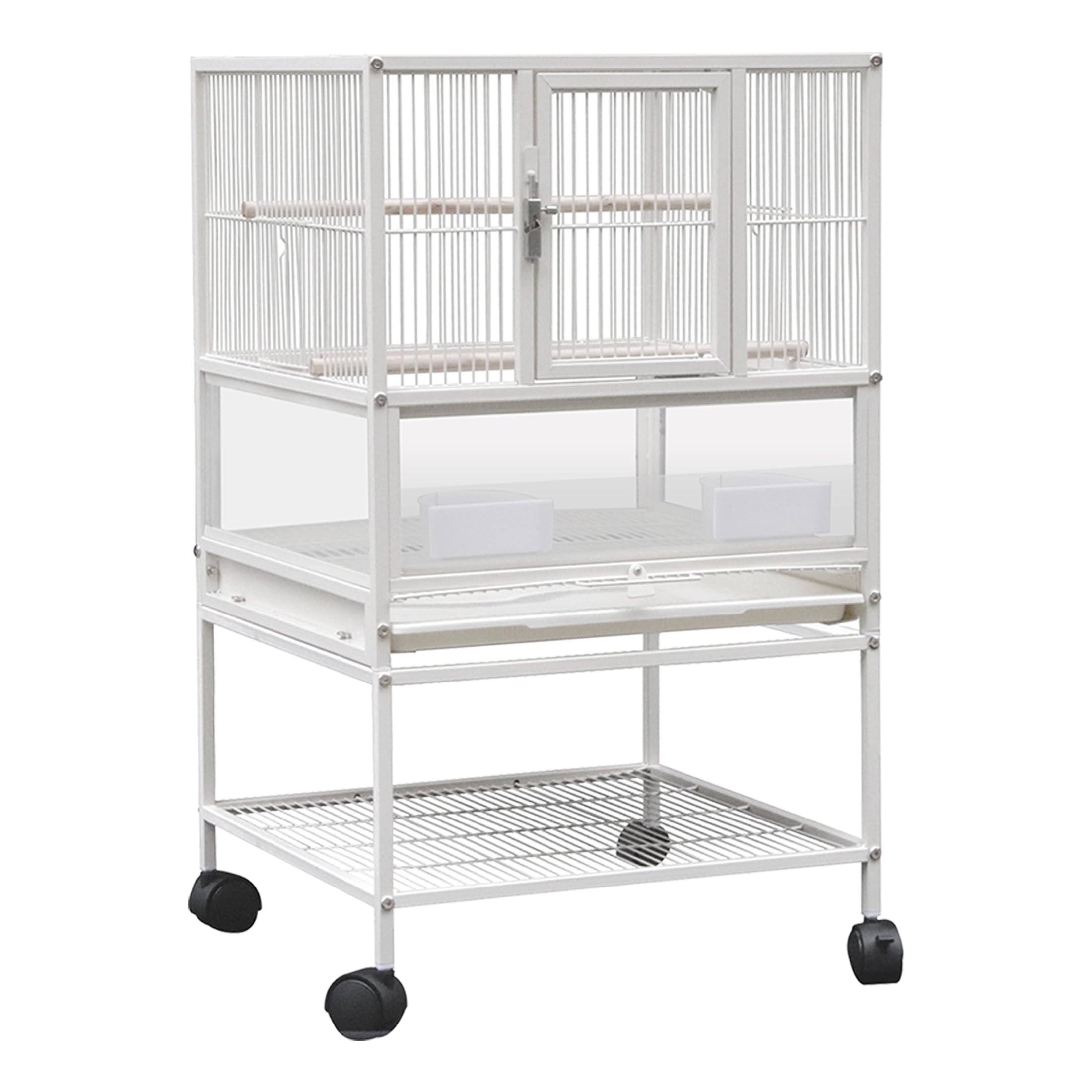 YOKOLO Bird Cage, Parrot Cage with Stand, Wrought Iron Bird Cages for Parakeets, Cockatiels, Lovebirds, Conures, with Transparent Observation Panel, Detachable Rolling Stand (48 x 45 x 83 cm, White)