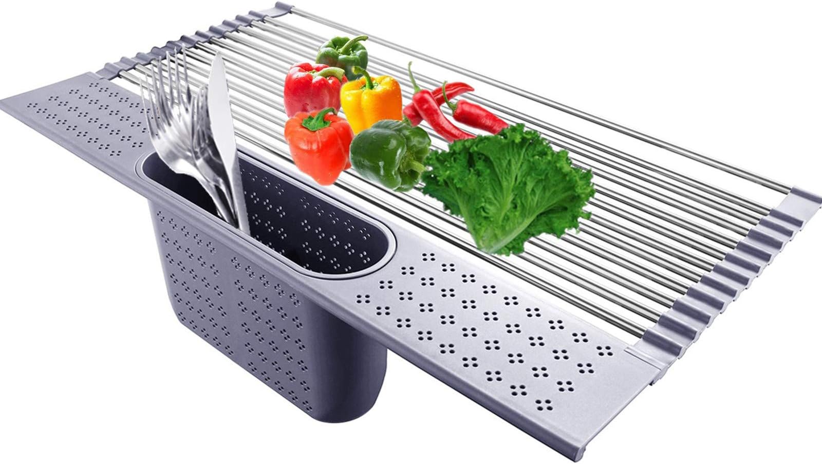 Stainless Steel Roll up Drying Dish Rack with Utensil Holder, Sink Dish Drainer for Kitchen Counter RV Campers Portable Dinnerware Organizer - 17.5'' x 10.9"