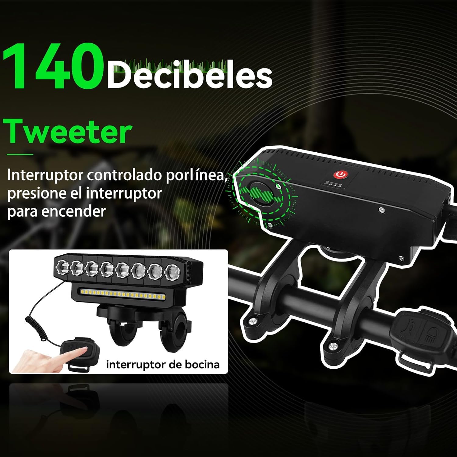 Set di Luci per Bici Ricaricabili con 11 Modalità Illuminazione Funzione Bank da 4000mAh Campana 130dB IP65 Perline LED Ultra Luminose Ciclismo e Attività