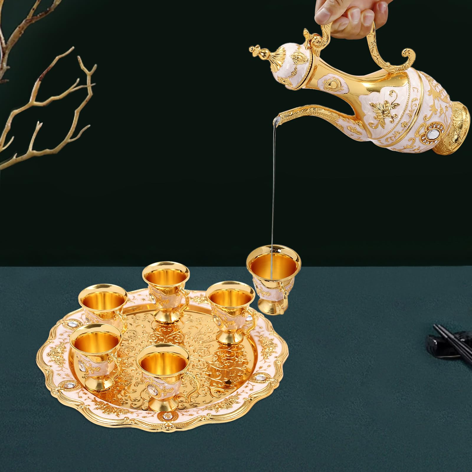 Turkish Tea Sets, Small Vintage Turkish Coffee Pot Set, Turkish Tea Set with 6 Coffee Cups&Tea Tray Luxury Turkish Teapot Set, for Home Decor Birthday Christmas Housewarming Wedding (Gold White)