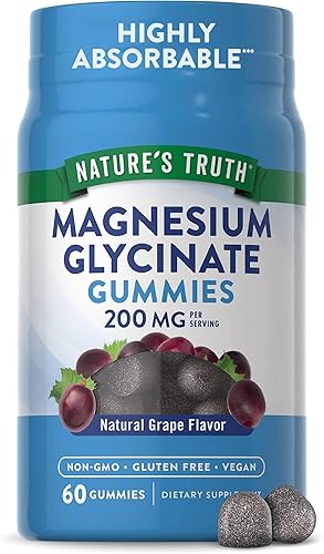 Gomitas de glicinato de magnesio 200 mg 60 unidades Suplemento vegano, sin OMG y sin gluten Sabor natural de uva por Nature's Truth Gomitas de glicinato de magnesio 200 mg 60 unidades Suplemento vegano, sin OMG y sin gluten Sabor natural de uva por Nature's Truth