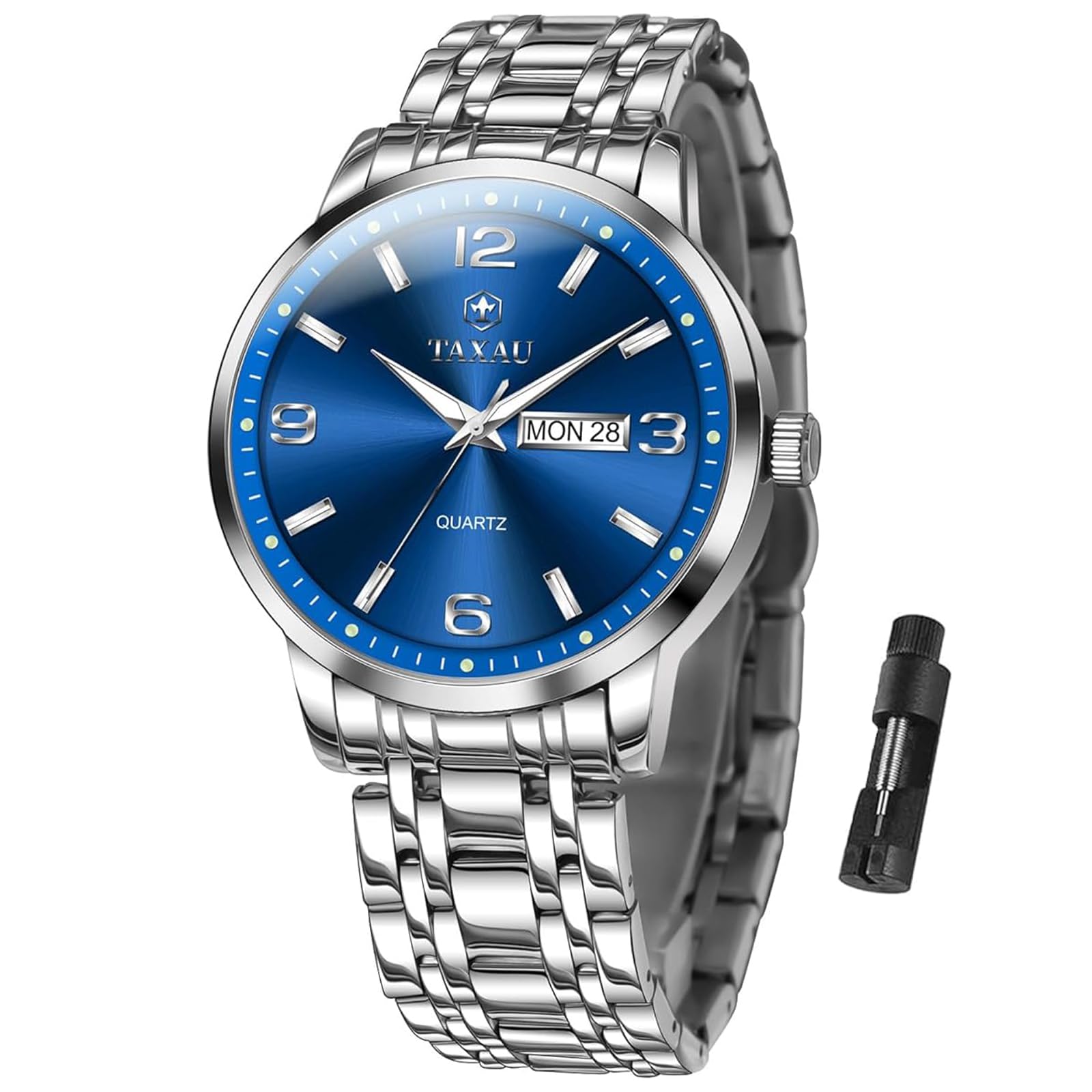 Taxau Armbanduhr Herren Analog Quarz wasserdichte Luxus Business Edelstahl Herrenuhren Multifunktion Leuchtdatum Elegantes Geschenk
