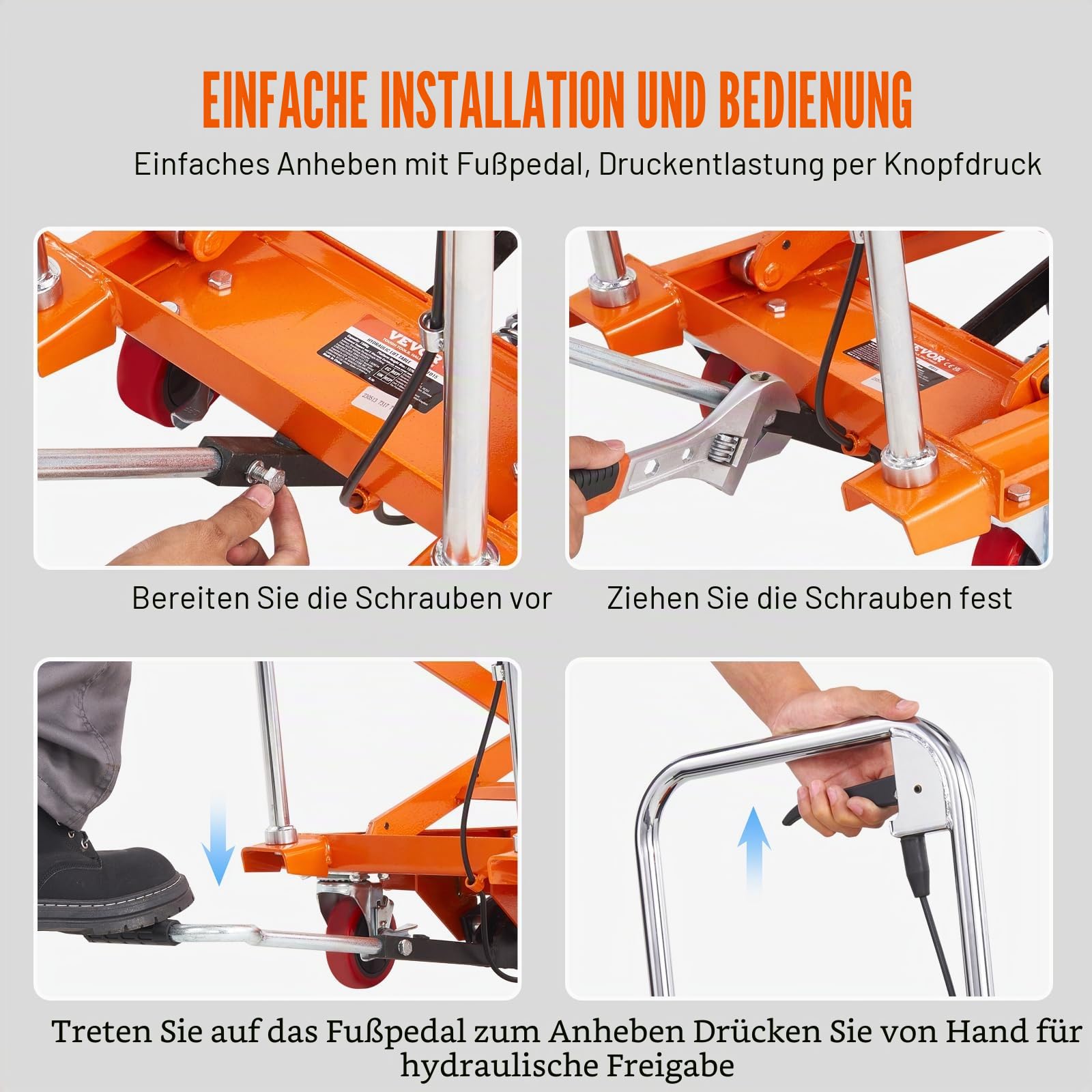 VEVOR TFD15 Hydraulischer Hubwagen Tischwagen, 330 Pfund Kapazität, 127 cm, mit 4 Rädern und rutschfestem Pad, für Materialhandhabung und Transport, Orange