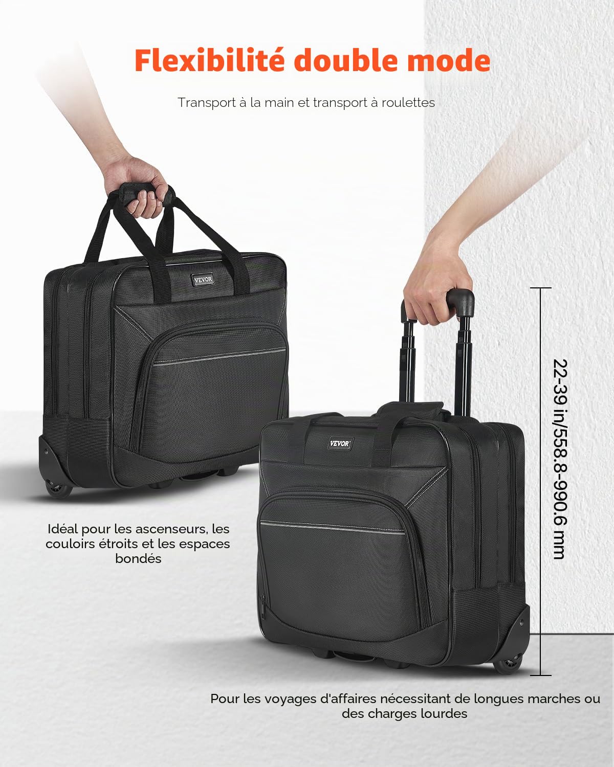 VEVOR Sac à roulettes pour Ordinateur Portable 15,6 Pouces, Mallette à roulettes pour PC, Poignée Télescopique à 4 Hauteurs, Tissu Oxford 1680D, pour Travail, Voyages d'affaires, Femmes, Hommes, Noir