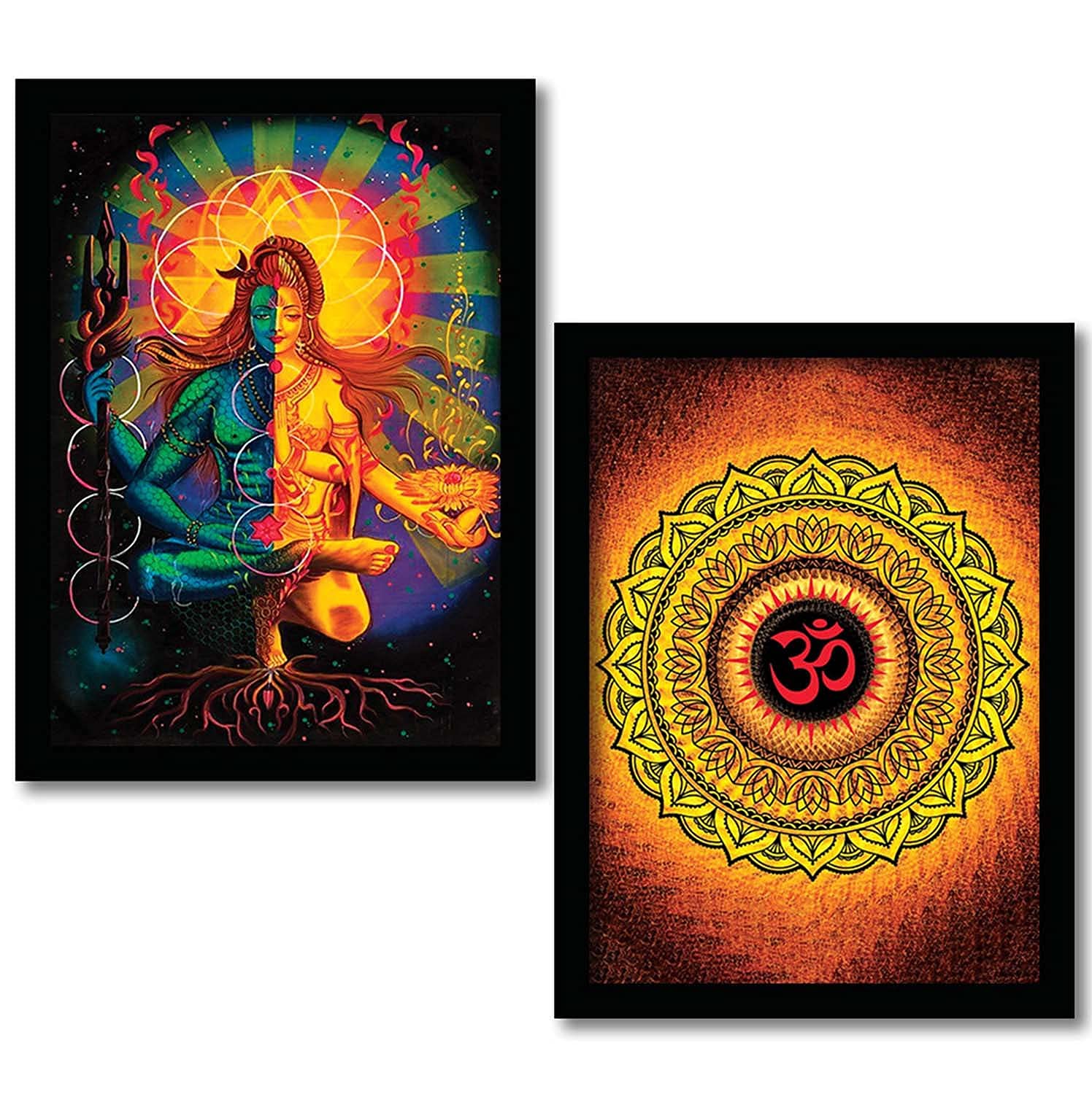 BANGERZ� Religious Home Decor Wall Art Paintings with Frame for Living Room Bedroom Wall Decor - SHIV JI AND OM Artwork Framed Wall Posters with Frame (11 inch x 14 inch, Framed) Set of 2