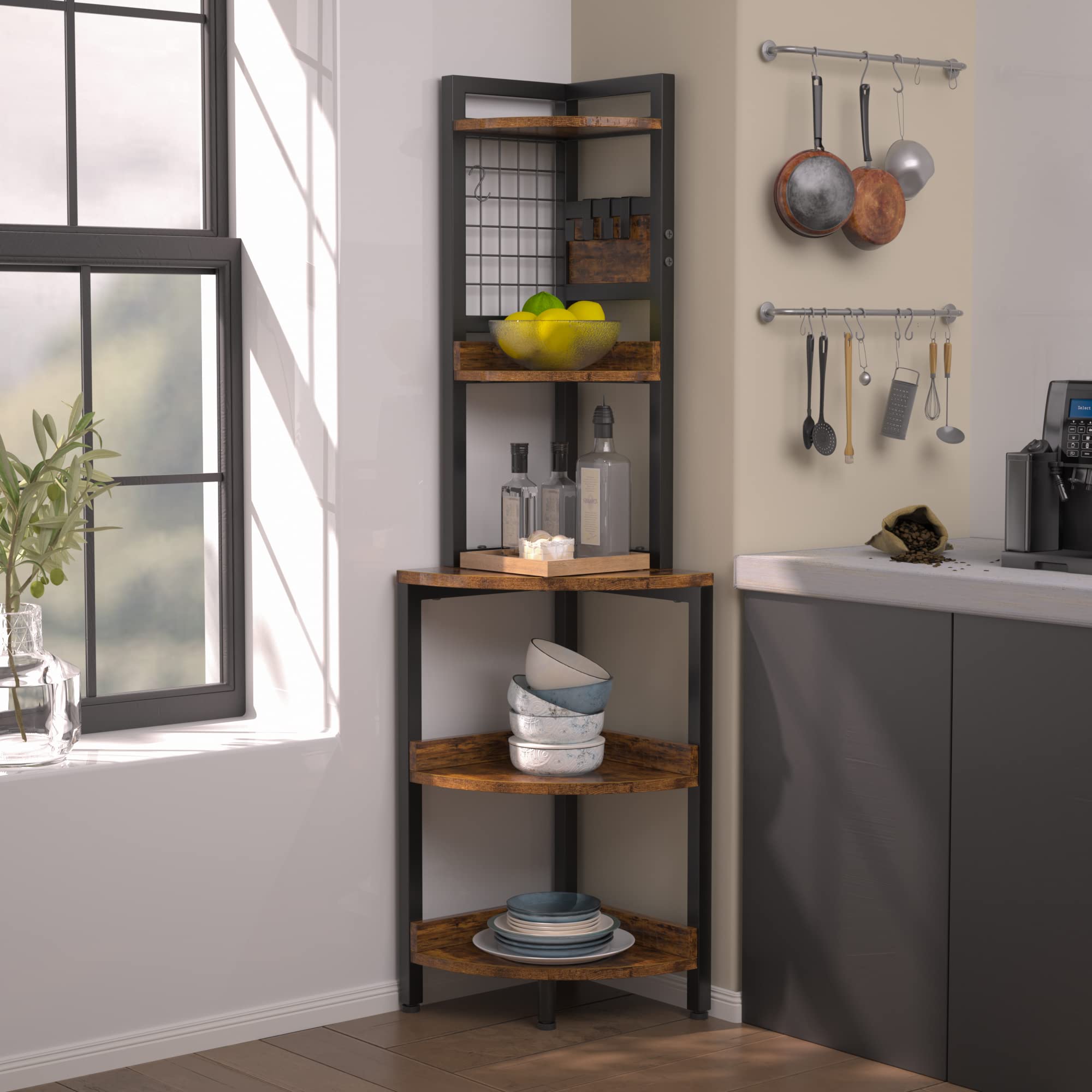 Dripex Mensola angolare a 5 ripiani, Scaffale ad Angolo, Portavasi, Libreria angolare per Ufficio, Studio, Soggiorno, Camera da Letto, Marrone Vintage e Nero, 40x40x152cm