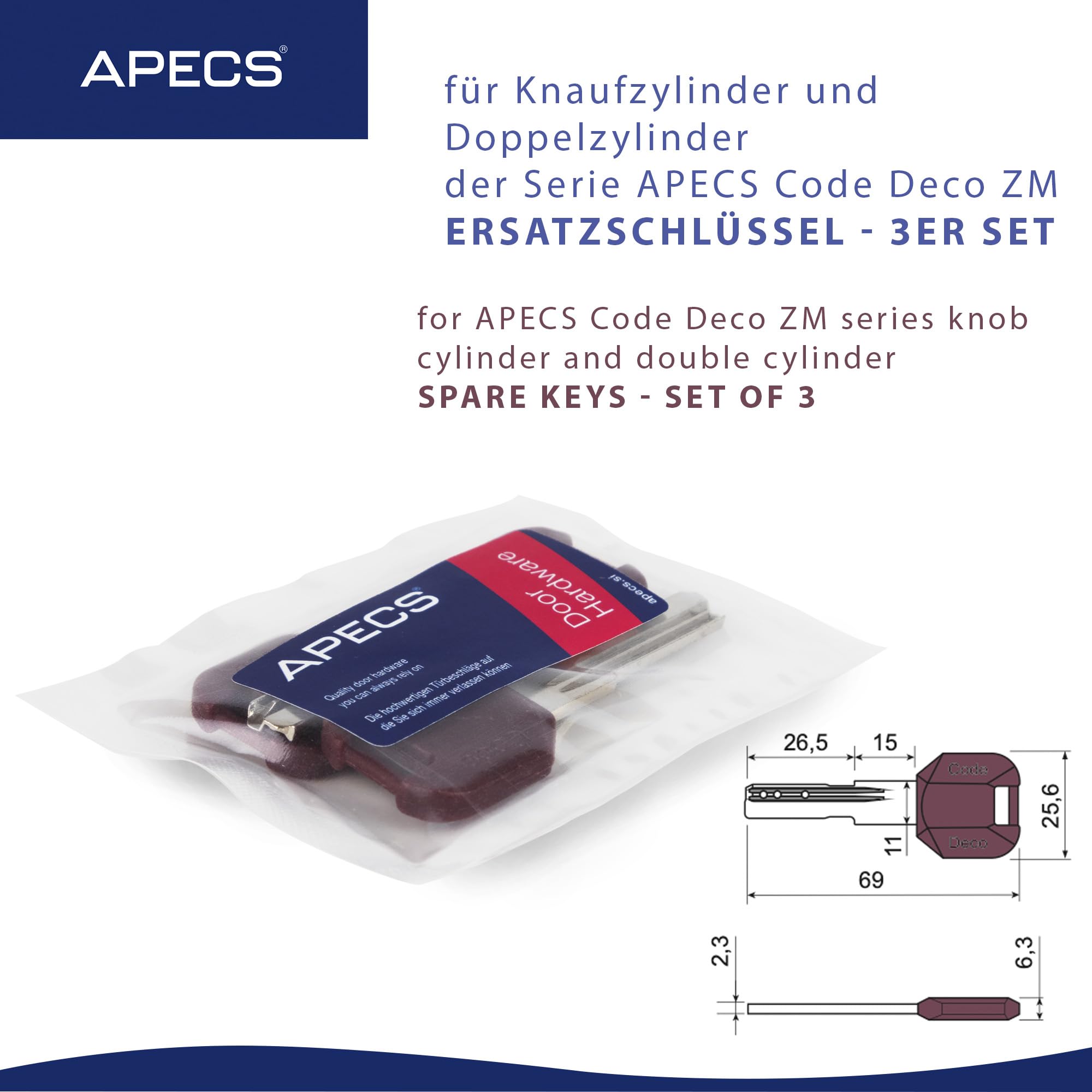 APECS - Chiave di ricambio per cilindro a pomello e doppio cilindro, ideale per cilindri di chiusura della serie CODE DECO, per servizio chiavi, set da 3