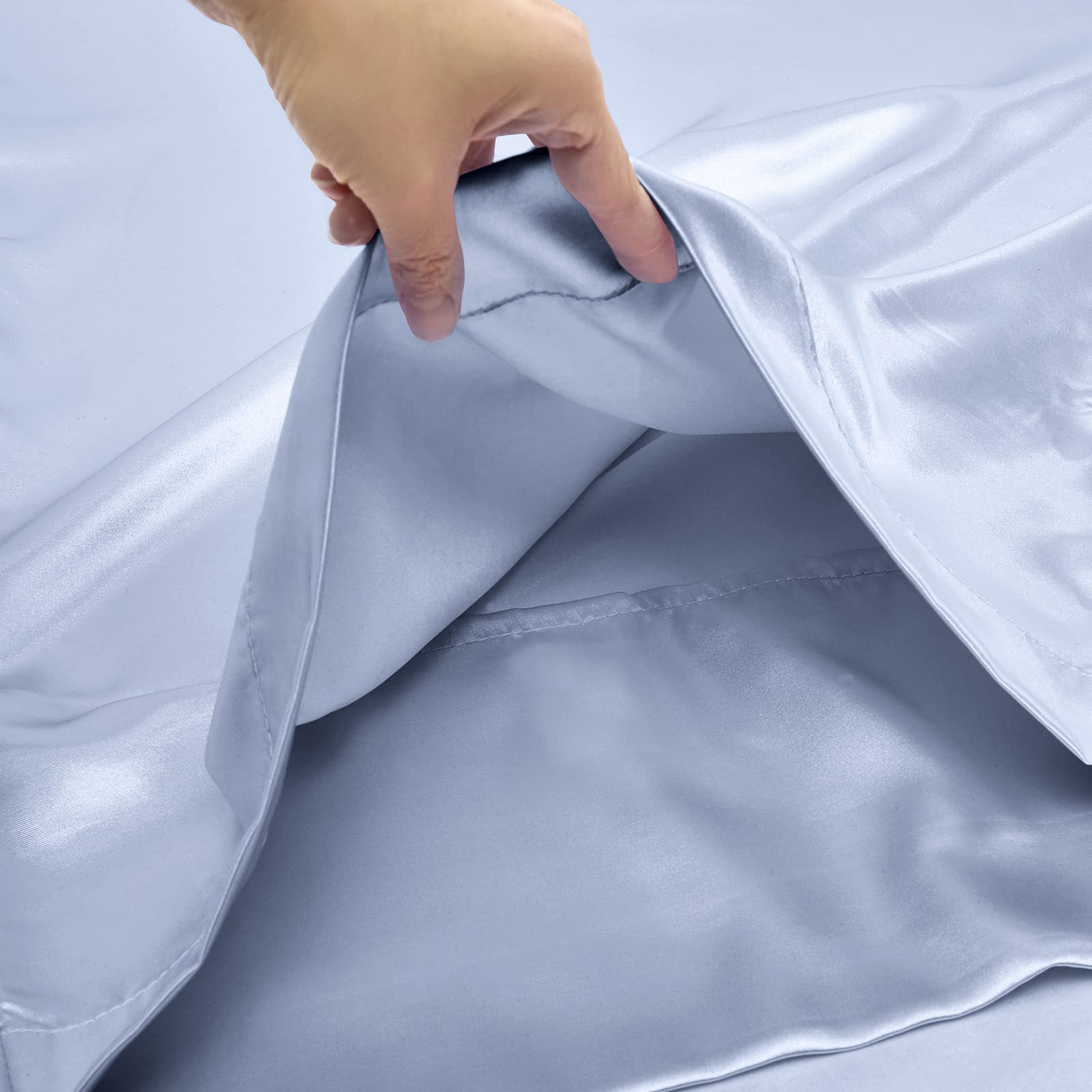 4pcs Extra Deep Pocket Satin Sheets Queen Size Bed Set, Baby Blue Satin