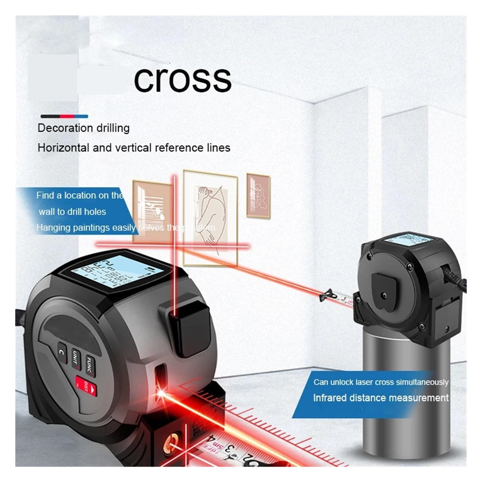 Cinta Métrica Digital 3 En 1, Telémetro Infrarrojo De Alta Precisión 40/60 M, Herramienta Medición Acero con Pantalla Grande Precisión Flexibilidad Medición