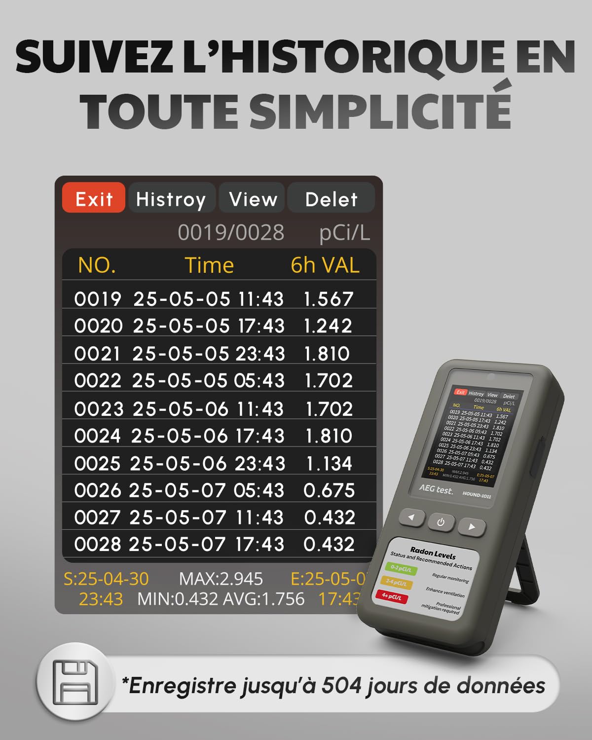 HOUND-1011 Détecteur de Radon Portable pour la Maison, léger, capteur Haute précision, 45 Jours, Facile à Utiliser, mesures Court et Long Terme en pCi/L ou Bq/m³, pour sous-Sol – Gris
