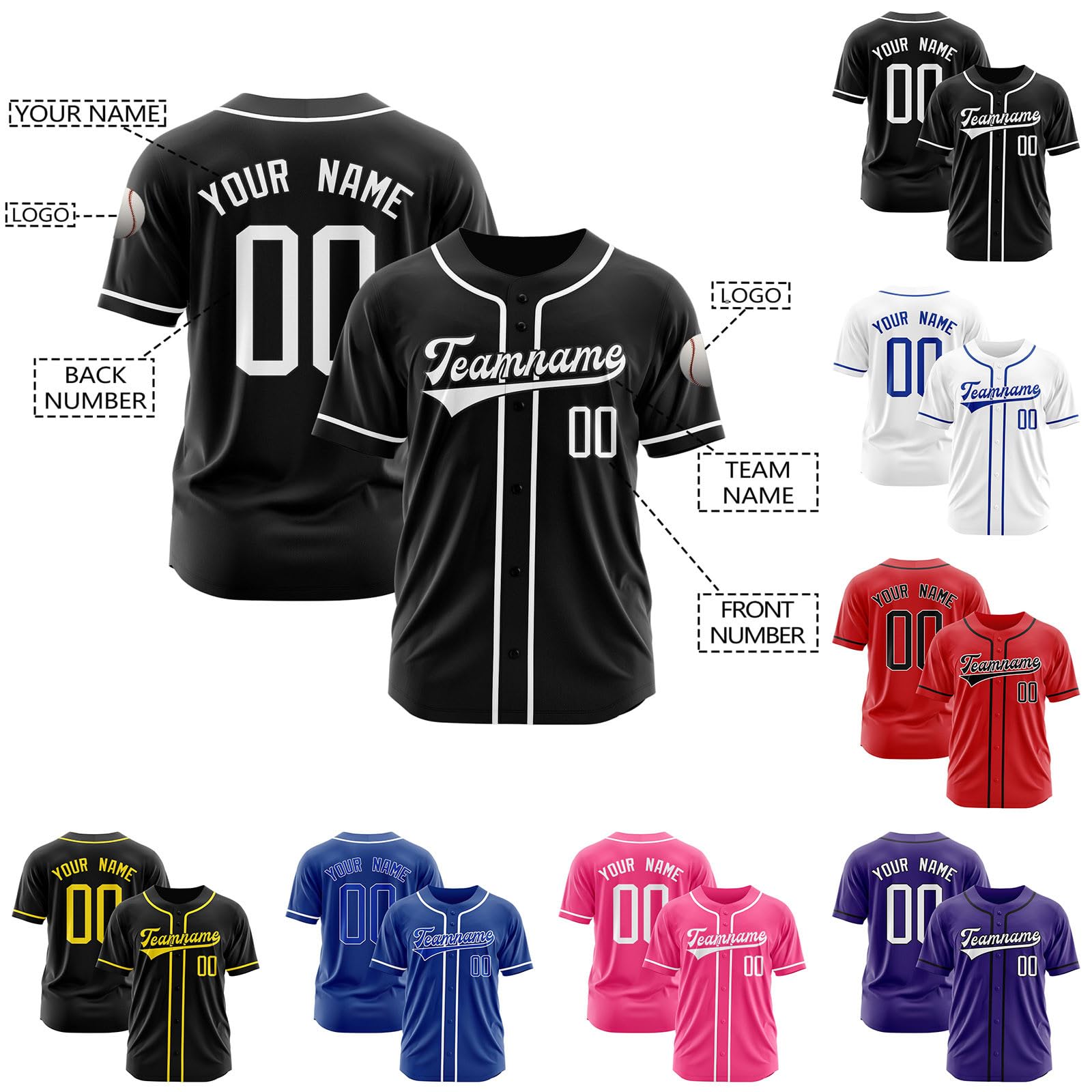 Maillot de Baseball Personnalisé avec Prénom Numéro Logo - Chemise Baseball Américain Boutonnée pour Homme Femme