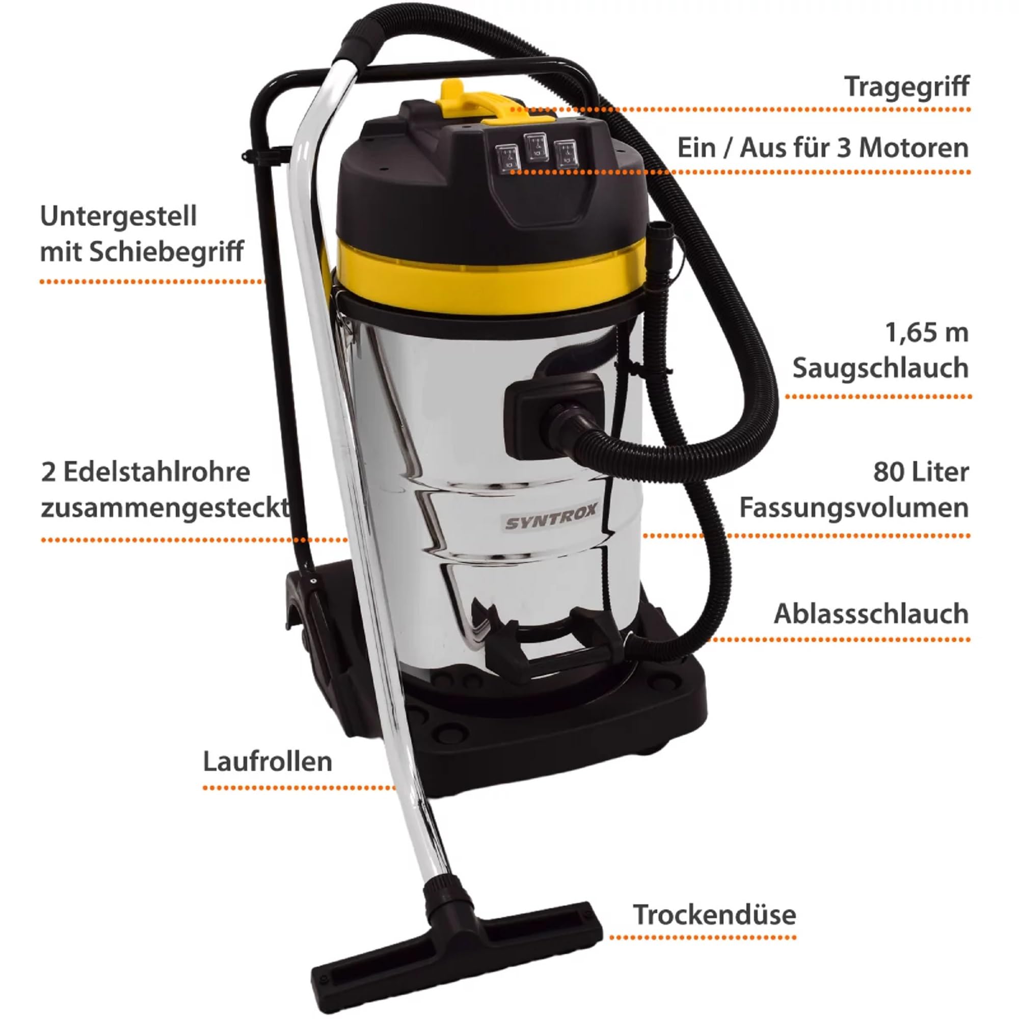 Syntrox Germany Industriesauger Samaka XL Edelstahl, 3 Saugturbinen, Großraumsauger, Leistungsstark, Industrielle Reinigungsmaschine, Edelstahl, einfache Reinigung (80 Liter)