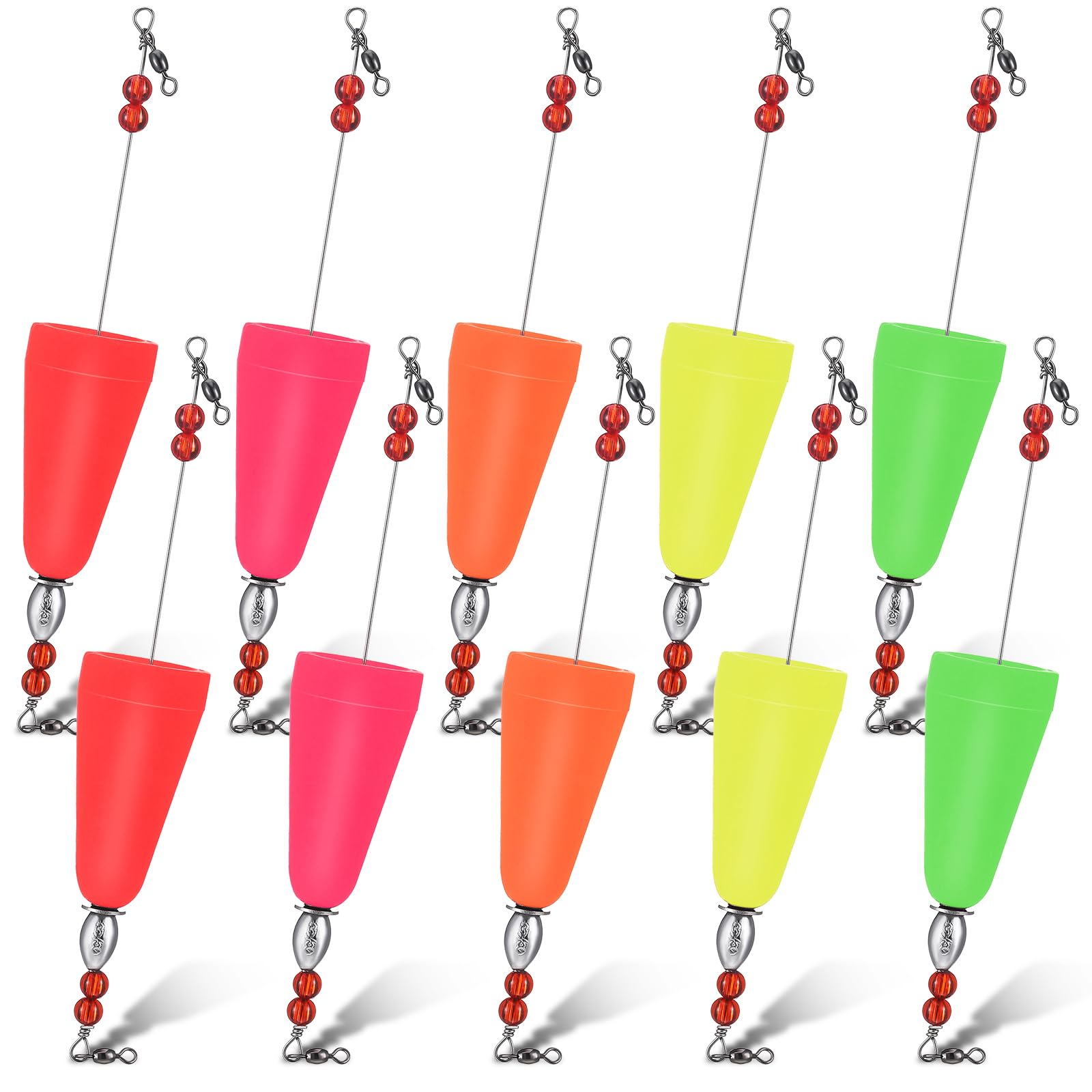 Lunmon 10 Pcs Popping Corks Floats for Saltwater High Visibility Cork Fishing Weighted Bobber Fishing Floats Bobbers Fishing Tackle for Redfish Speckled Trout Sheepshead Flounder, 5 Colors