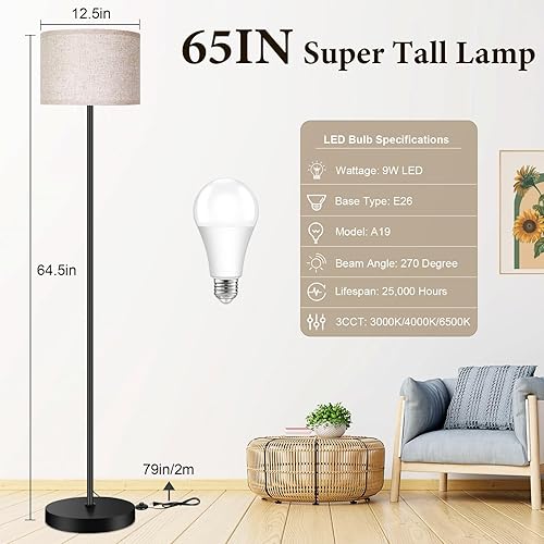 Miniatura 2 de TOBUSA Lámpara de pie de 65 pulgadas para sala de estar y dormitorio con bombilla LED 3CCT, lámpara de pie moderna con pantalla de tambor, lámpara