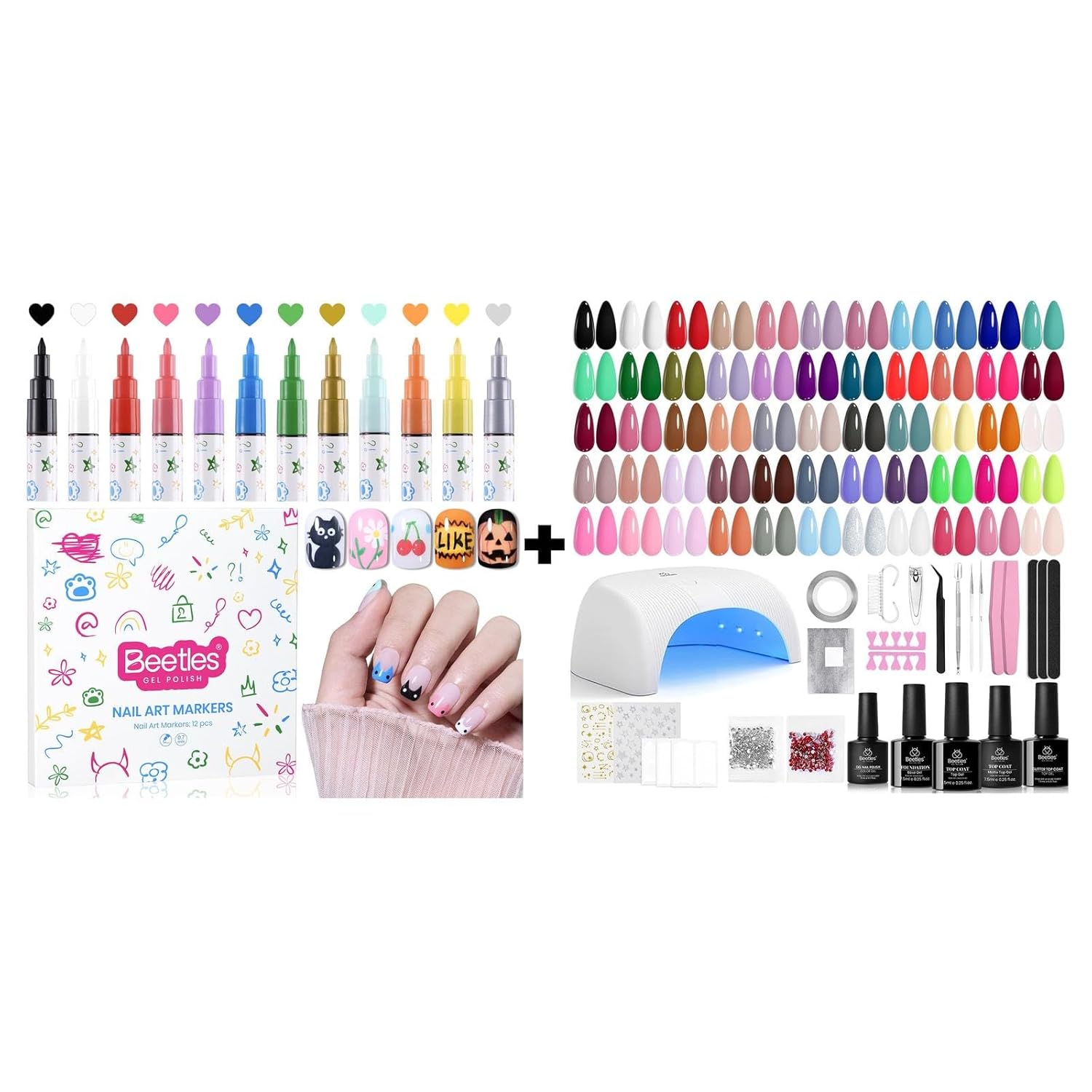 Beetles 12 Colors Nail Art Pens 0.7mm, Quick Dry Acrylic Markers for Nail Design & Gel Nail Polish Kit 55 Colors, 80PCS Starter Set with Base & Top