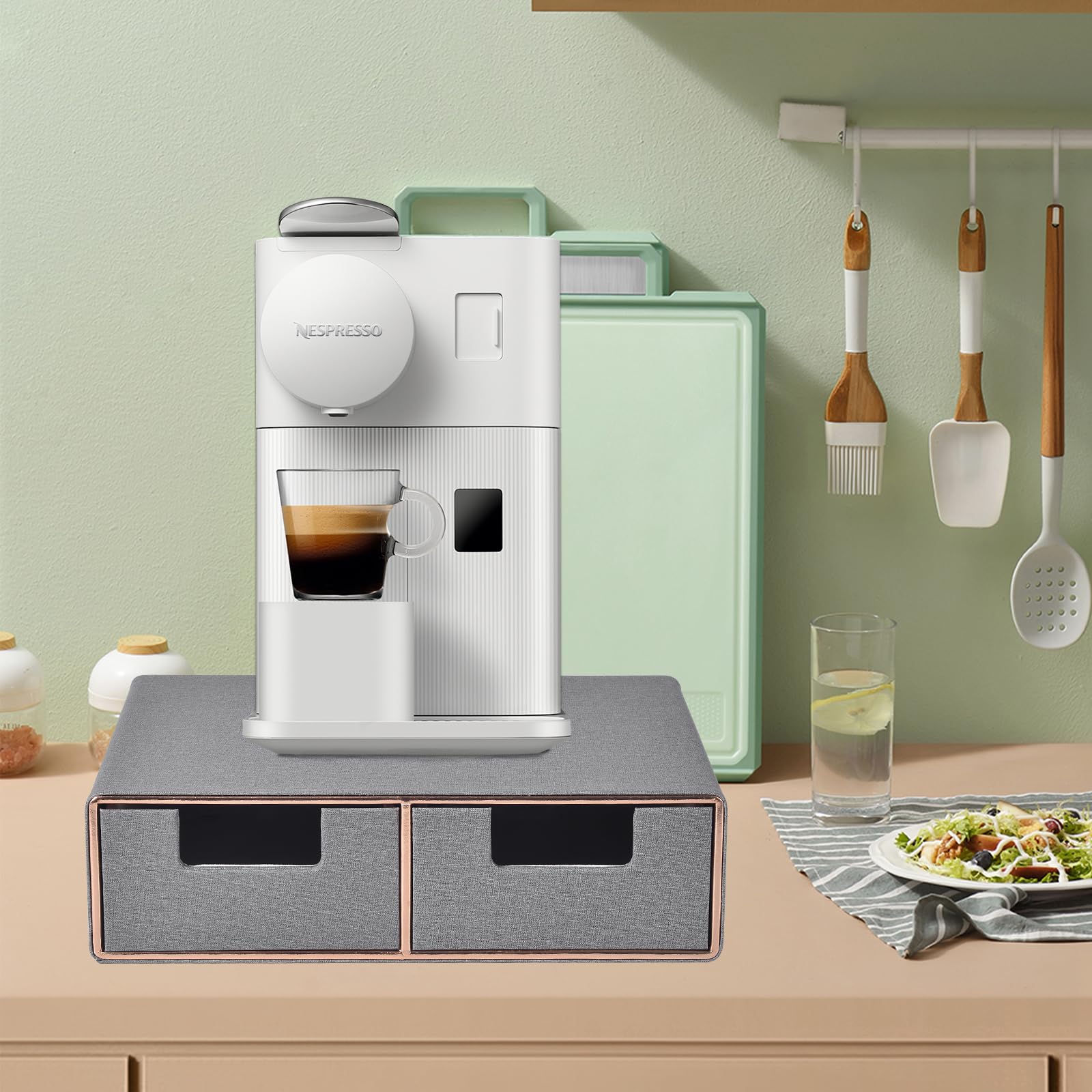 Boîte à tiroirs empilable en cuir avec 2 tiroirs fermés à la main pour ranger les dosettes de café, cafetière partie supérieure de l'organiseur de bureau pour bijoux, cosmétiques, gris