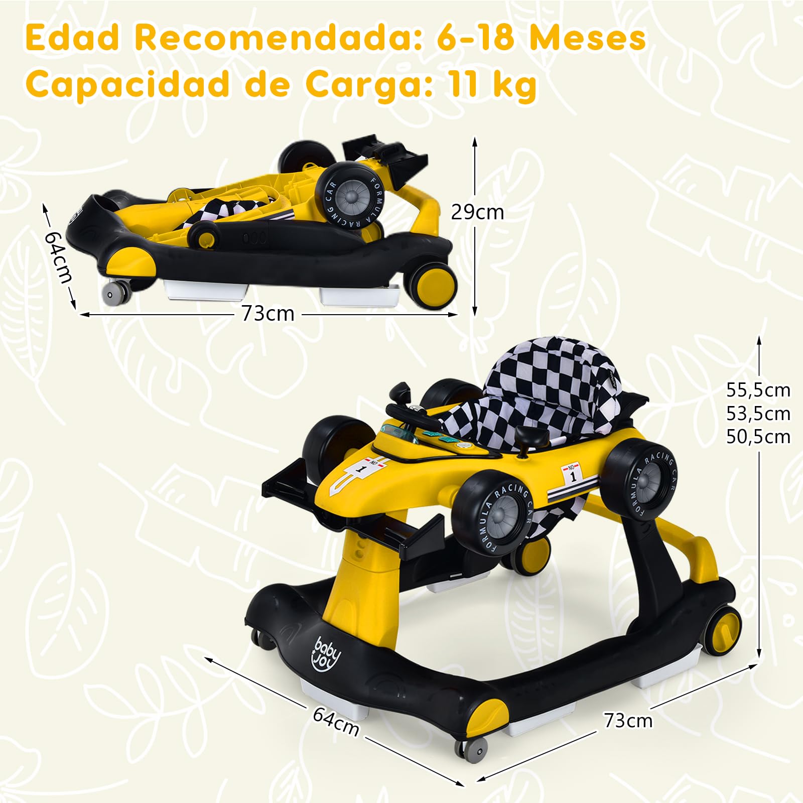 RELAX4LIFE 4 en 1 Andador para Bebés 6-18 Meses, Andador Plegable con Altura Regulable en 3 Niveles, Tacatá Bebés con Luces, Sonidos y Velocidad Controlable, 64 x 73 x 50,5-55,5 cm (Amarillo)