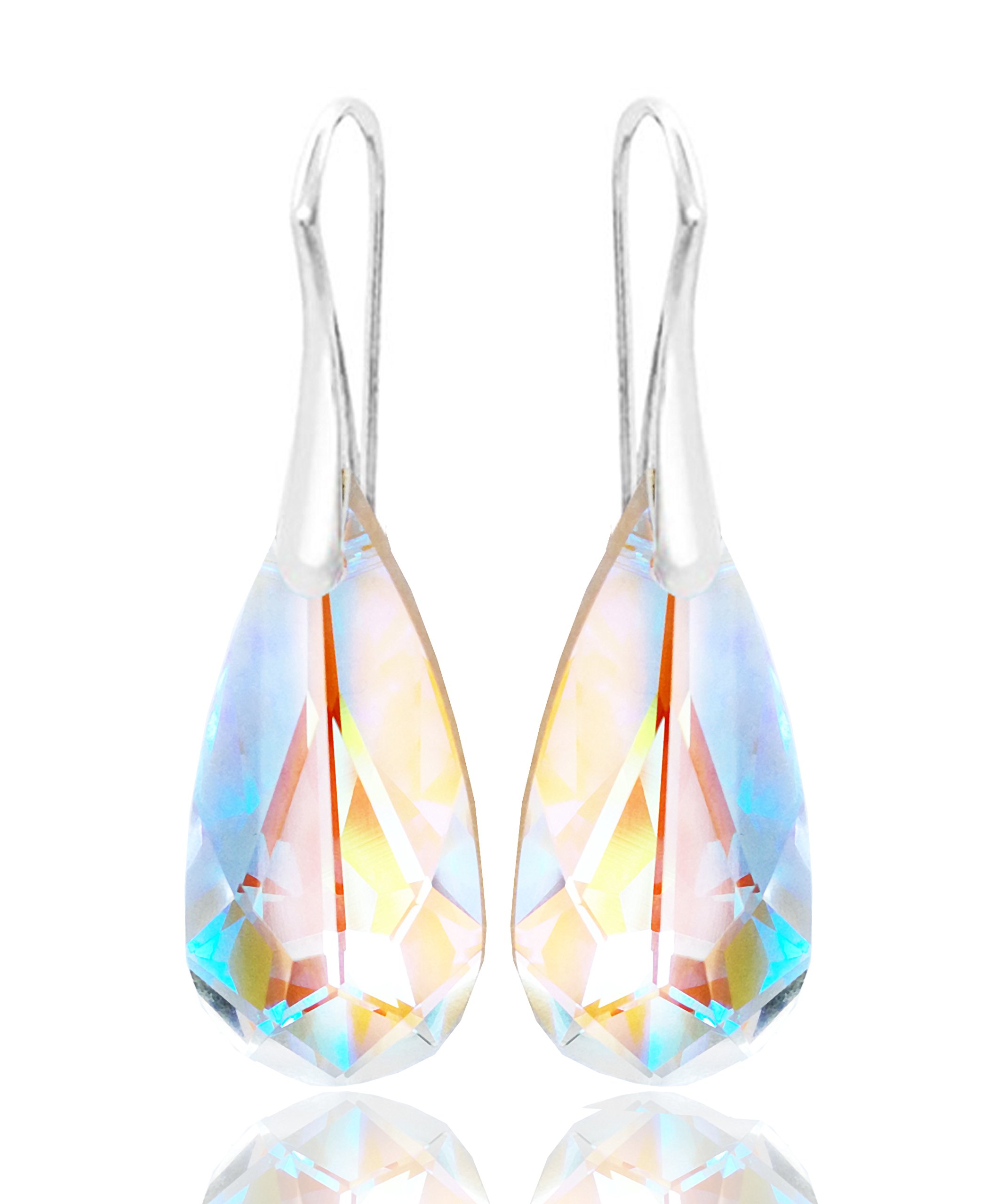 Sterling Silver 925 Earrings Royal Crystals Adorned With Imitation Crystals Blue Aurora Borealis Long Teardrop Pierced