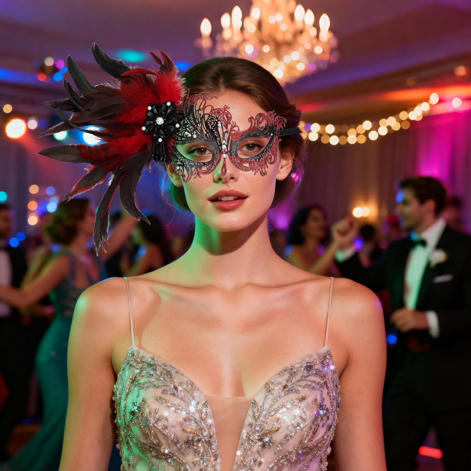 Oidea Feather Masquerade Mask for Women: Rhinestone Lace Metal Half Face Antique Venetian Mardi Gras Masks Halloween Cosplay Party Prom Ball Costume Accessory Red - Image 2
