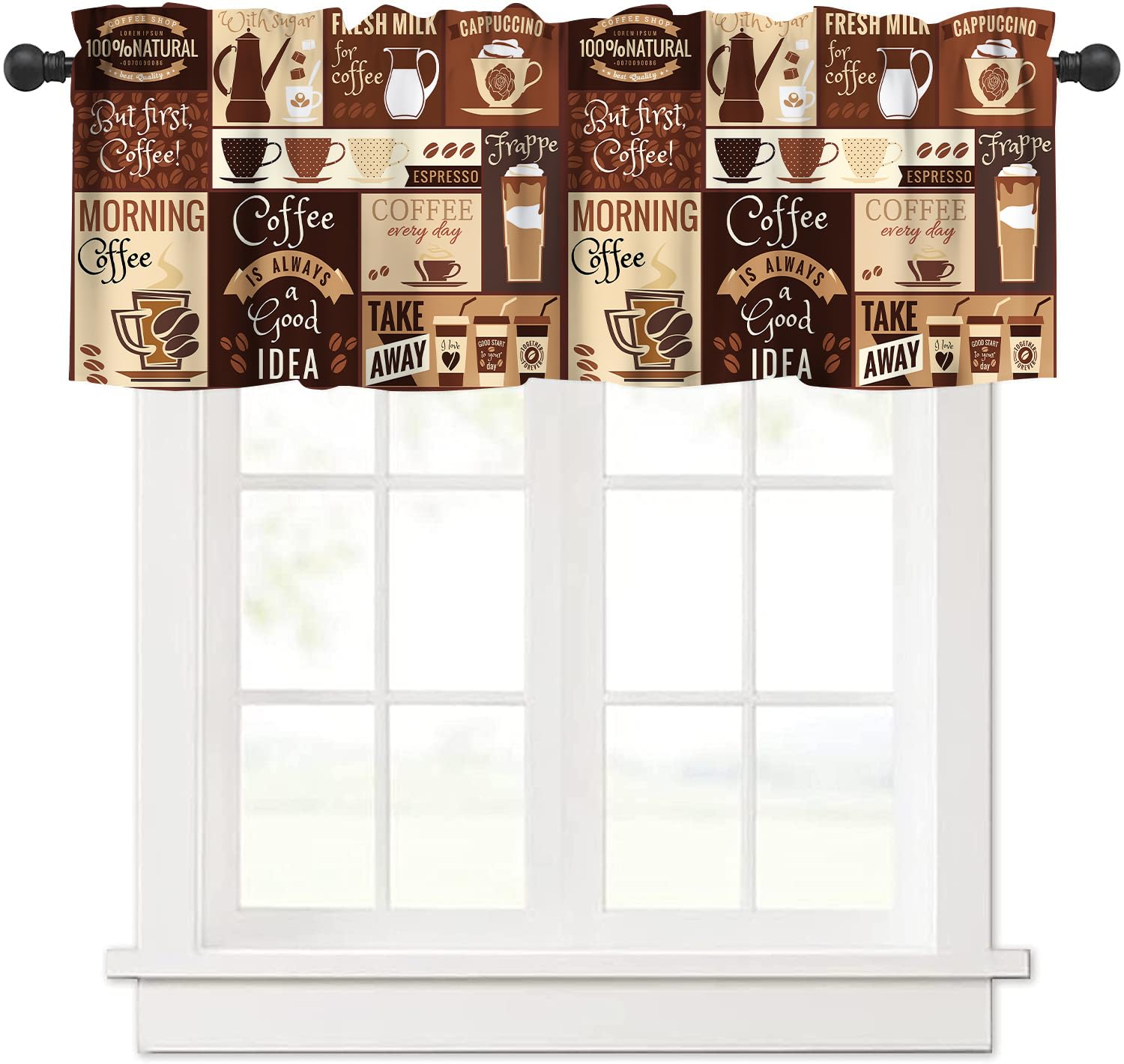 wlsgdsg Brown Coffee Kitchen Valance Rustic Vintage Latte Cappuccino Cafe Theme Curtains Farmhouse Cafe Beans Drink Window Treatment for Living Room Bedroom Dining Room 54x18In
