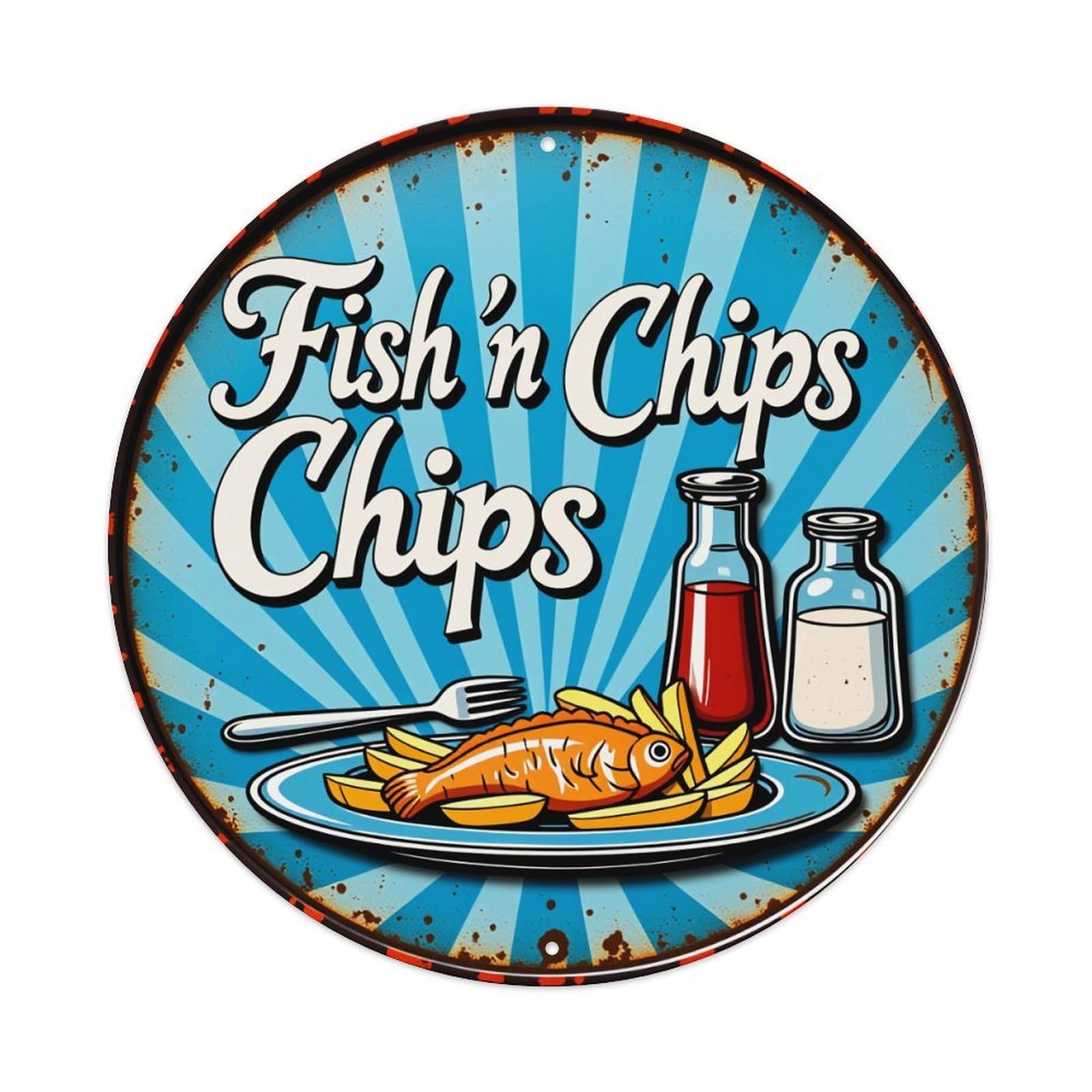 Fish N Chips Plate With Sauce Metal Tin Sign Vintage Garden Bedroom Cafe Bar Man Cave Home Wall Decor Metal Poster 8x8 inches