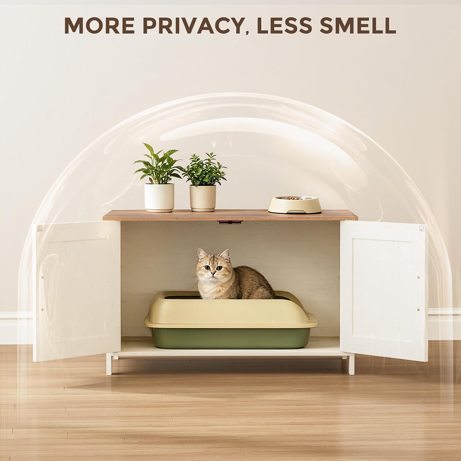 Homhedy 31.5" L Cat Litter Box Enclosure with Barn Door, White and Brown image 2