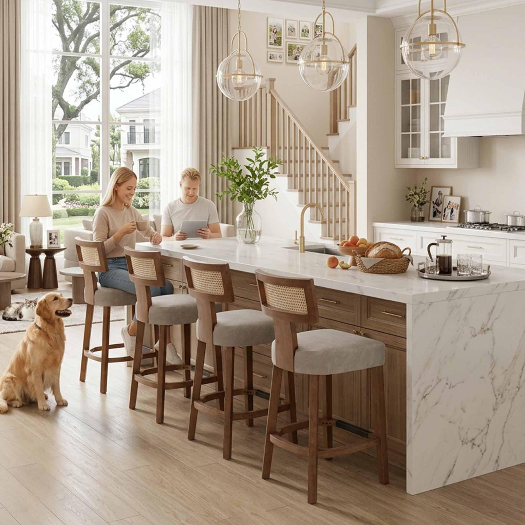 26’’ Rattan Barstools with Back Counter Height Bar Stools Set of 4, Grey PU Leather Upholstered Modern Farmhouse Kitchen Counter Wicker Stools, Boho Bar Chairs with Natural Wooden Frame