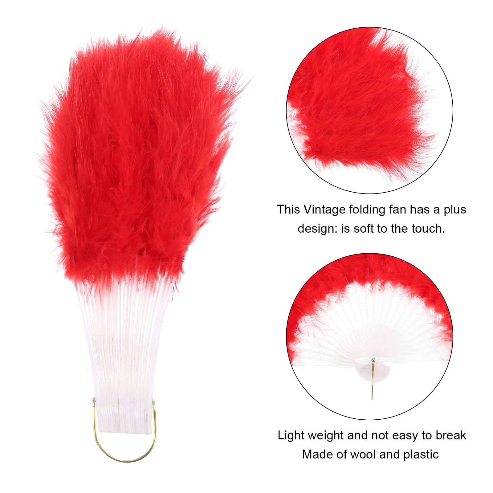 sourcing map Feather Hand Fan Red Vintage Folding Fan Feather Fan Handheld for Halloween Party Wedding Dancing Decoration - Image 3