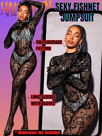 EHSUYAB Women Sexy Fishnet Full Bodysuit, Mesh Lace Poster Jumpsuit Glow Party Rave Outfits, Body Stockings Halloween Costume