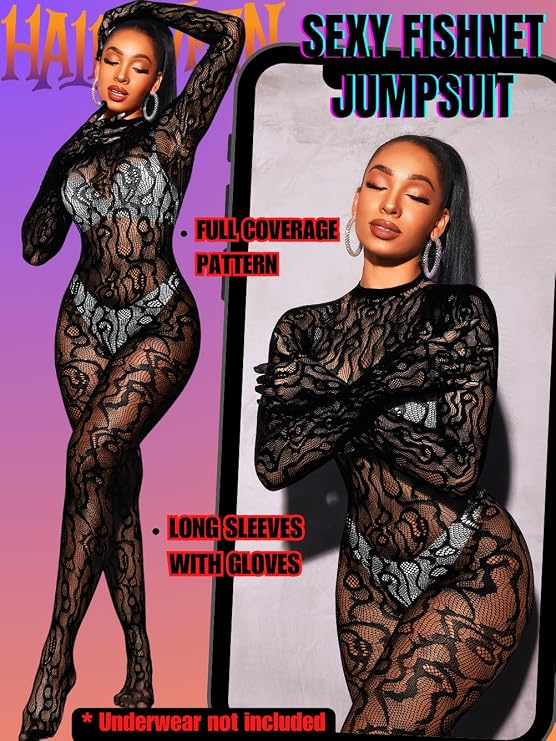 EHSUYAB Women Sexy Fishnet Full Bodysuit, Mesh Lace Poster Jumpsuit Glow Party Rave Outfits, Body Stockings Halloween Costume