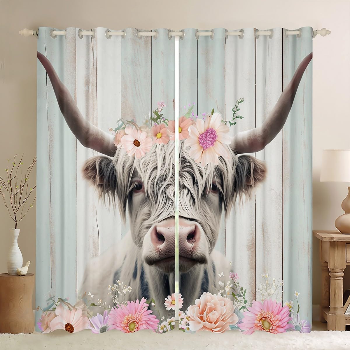 Feelyou Kids Pink Floral Highland Cow Window Curtains Highland Cattle Darkening Drapes Pink Floral Western Cow Bull 30%-50% Blackout Curtains Boys Farmhouse Window Treatments (2 Panels, 38 x 45 Inch)